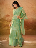 Beautiful Pista Green Organza Ready To Wear Ruffles Saree With Blouse - Zeel Clothing