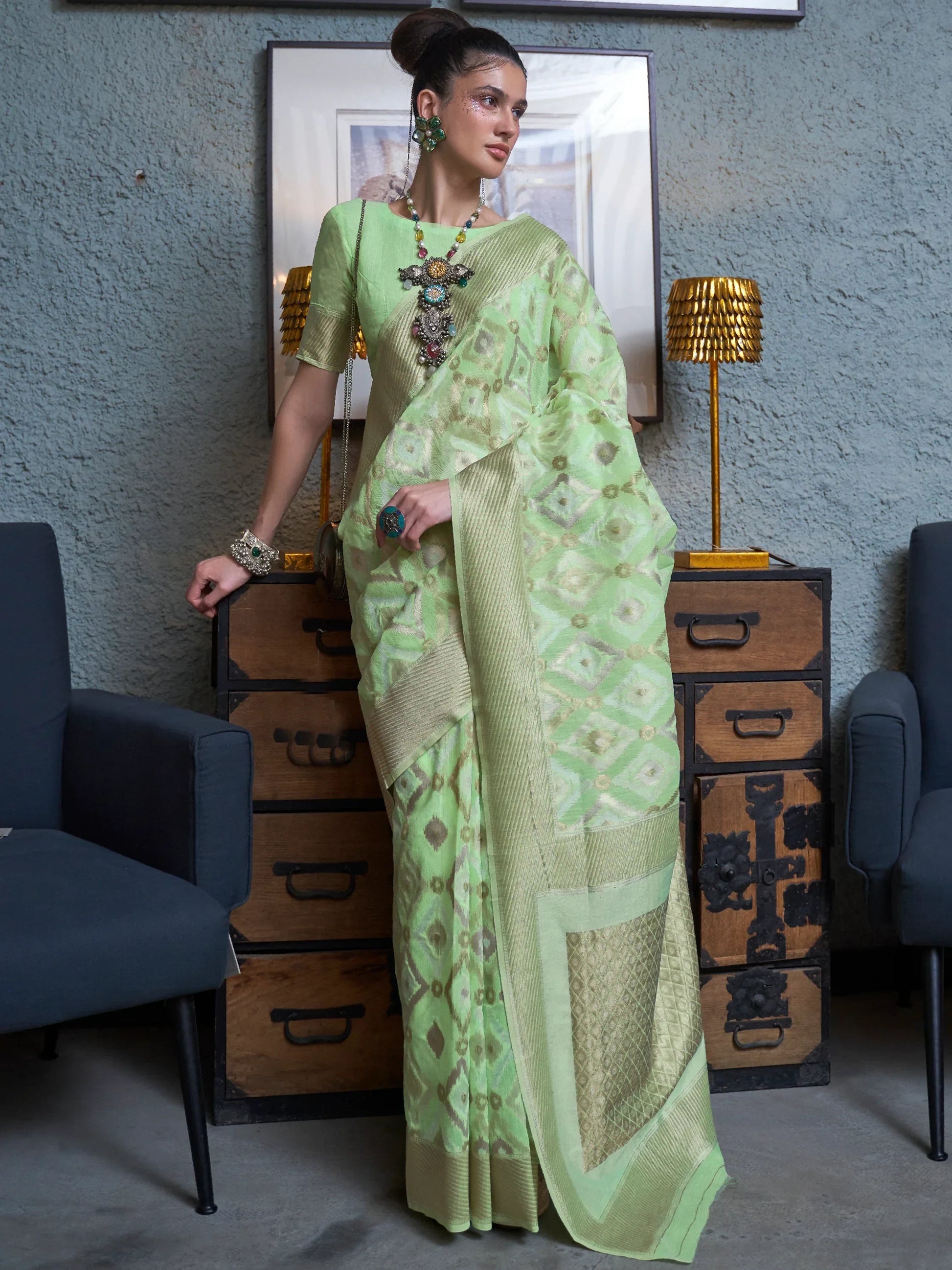 Beautiful Pista Green Zari Weaving Linen Event Wear Saree With Blouse - Zeel Clothing