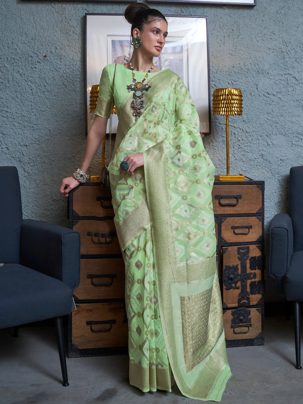 Beautiful Pista Green Zari Weaving Linen Event Wear Saree With Blouse - Zeel Clothing