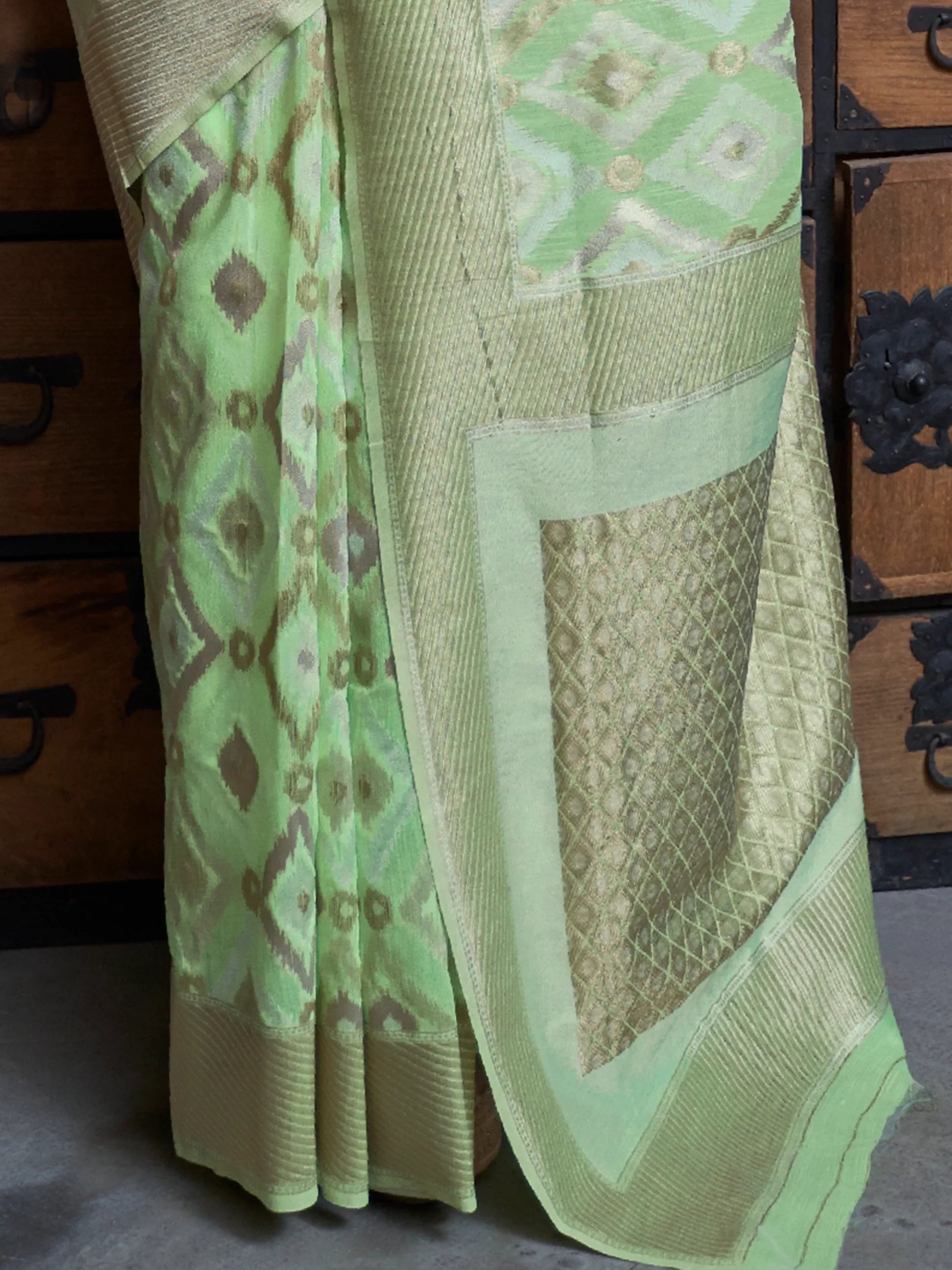 Beautiful Pista Green Zari Weaving Linen Event Wear Saree With Blouse - Zeel Clothing