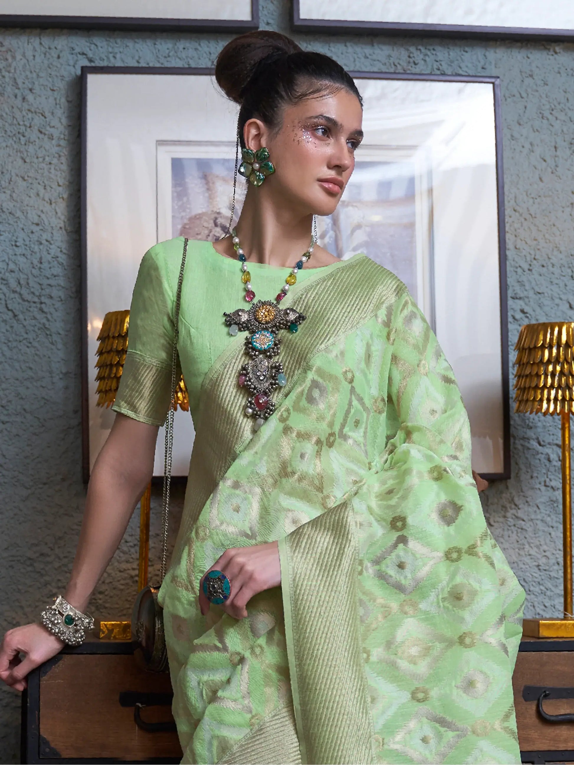 Beautiful Pista Green Zari Weaving Linen Event Wear Saree With Blouse - Zeel Clothing