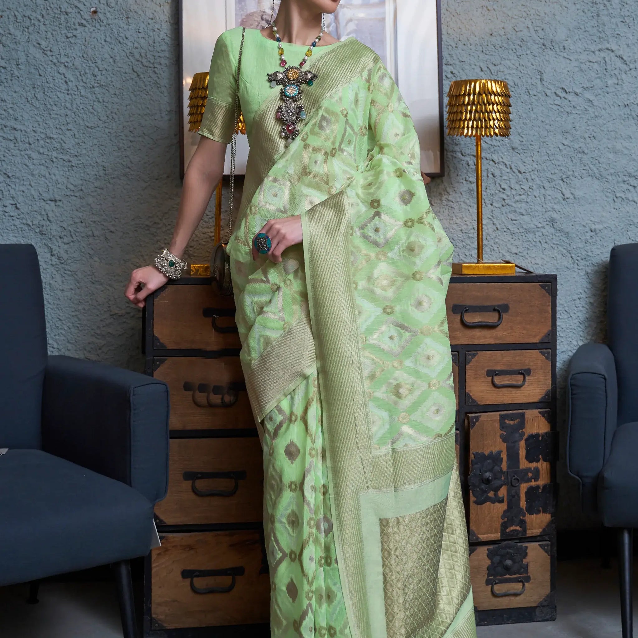 Beautiful Pista Green Zari Weaving Linen Event Wear Saree With Blouse - Zeel Clothing