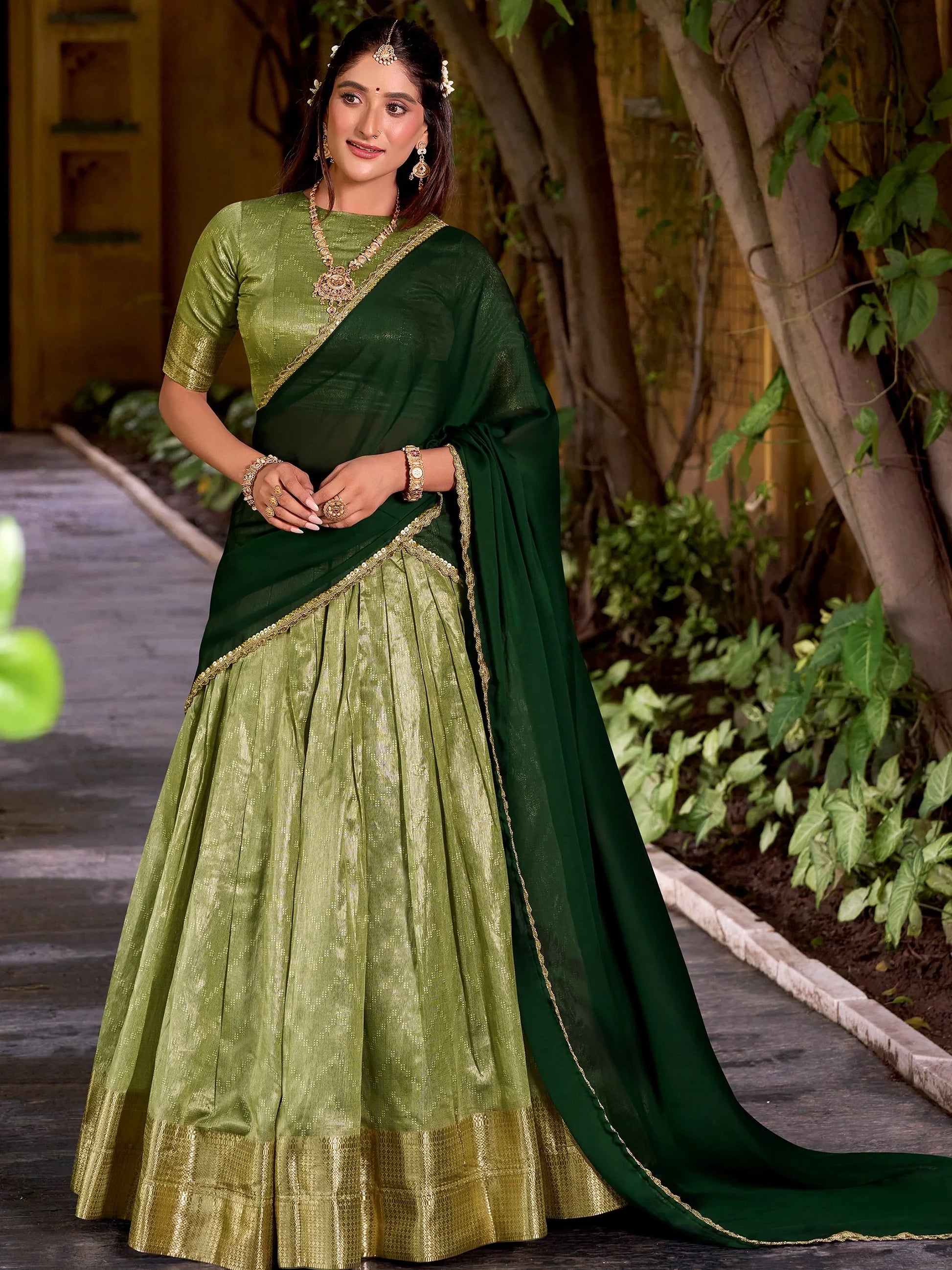 Beautiful Pista Green Zari Weaving Silk Festive Wear Half Saree Lehenga