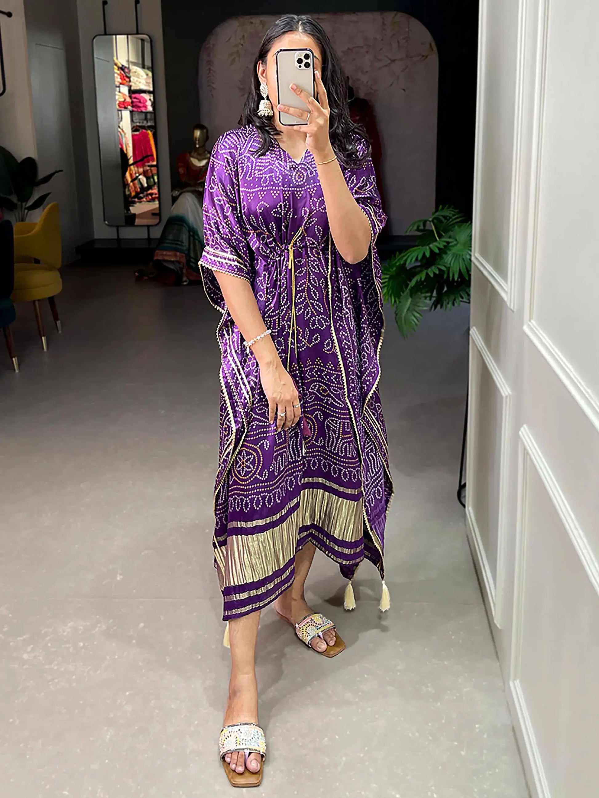 Beautiful Purple Bandhani Print Gaji Silk Festival Wear Kaftan - Zeel Clothing