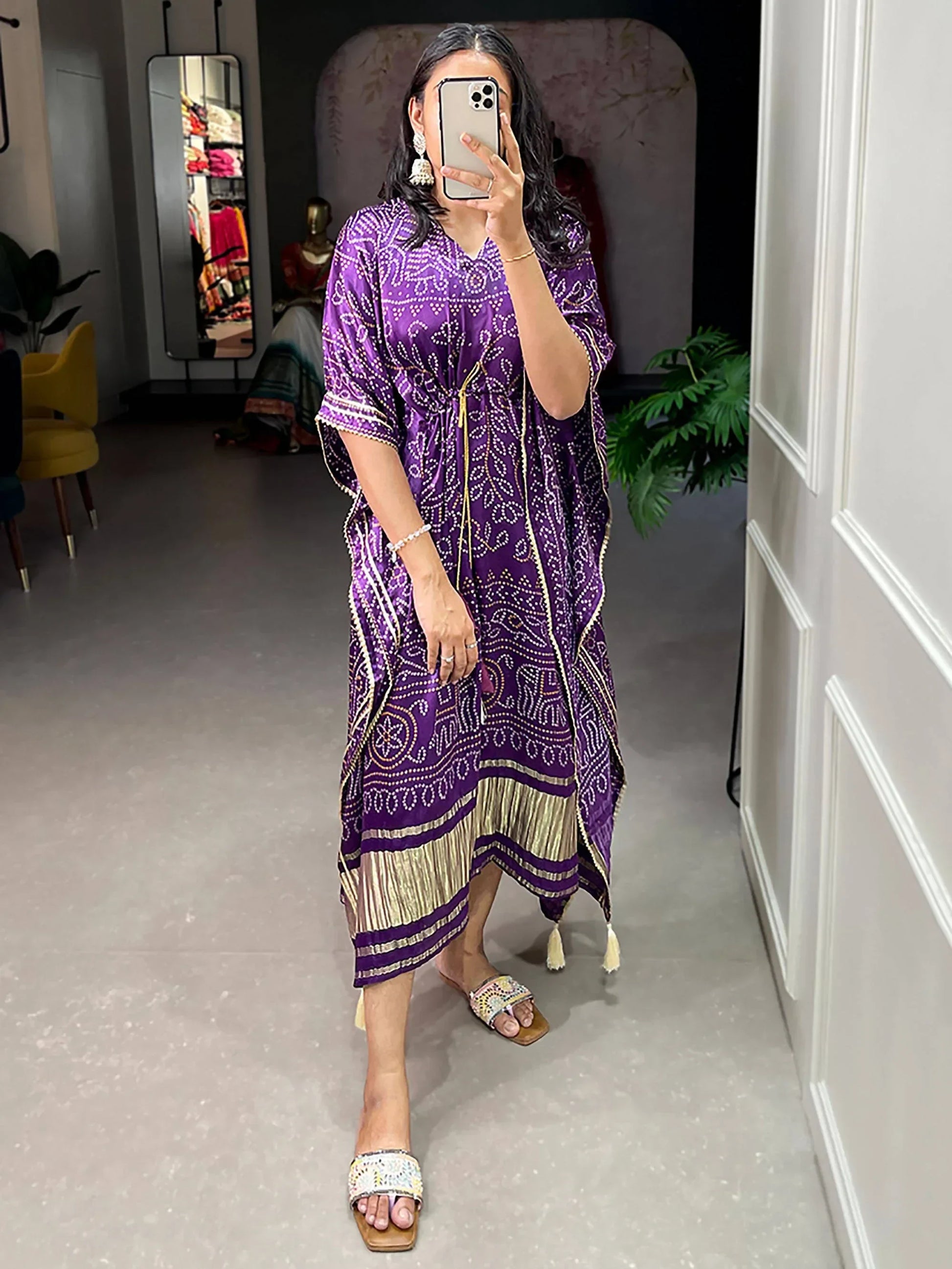Beautiful Purple Bandhani Print Gaji Silk Festival Wear Kaftan - Zeel Clothing