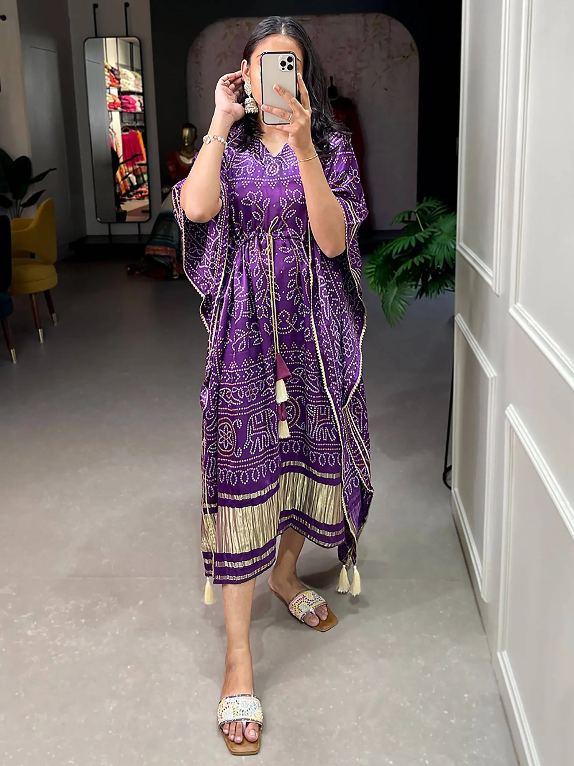 Beautiful Purple Bandhani Print Gaji Silk Festival Wear Kaftan - Zeel Clothing
