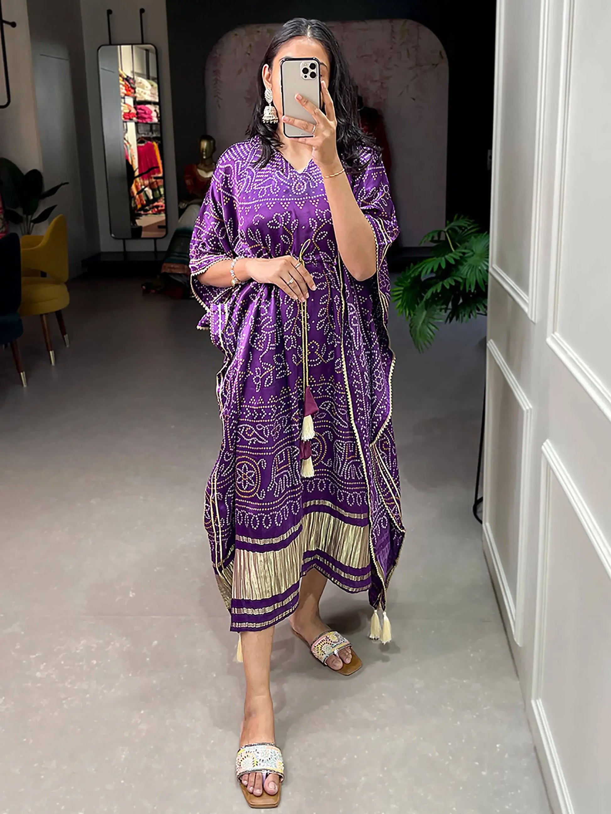 Beautiful Purple Bandhani Print Gaji Silk Festival Wear Kaftan - Zeel Clothing
