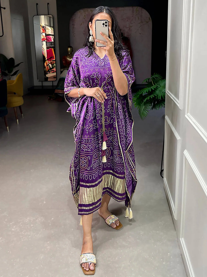 Beautiful Purple Bandhani Print Gaji Silk Festival Wear Kaftan - Zeel Clothing