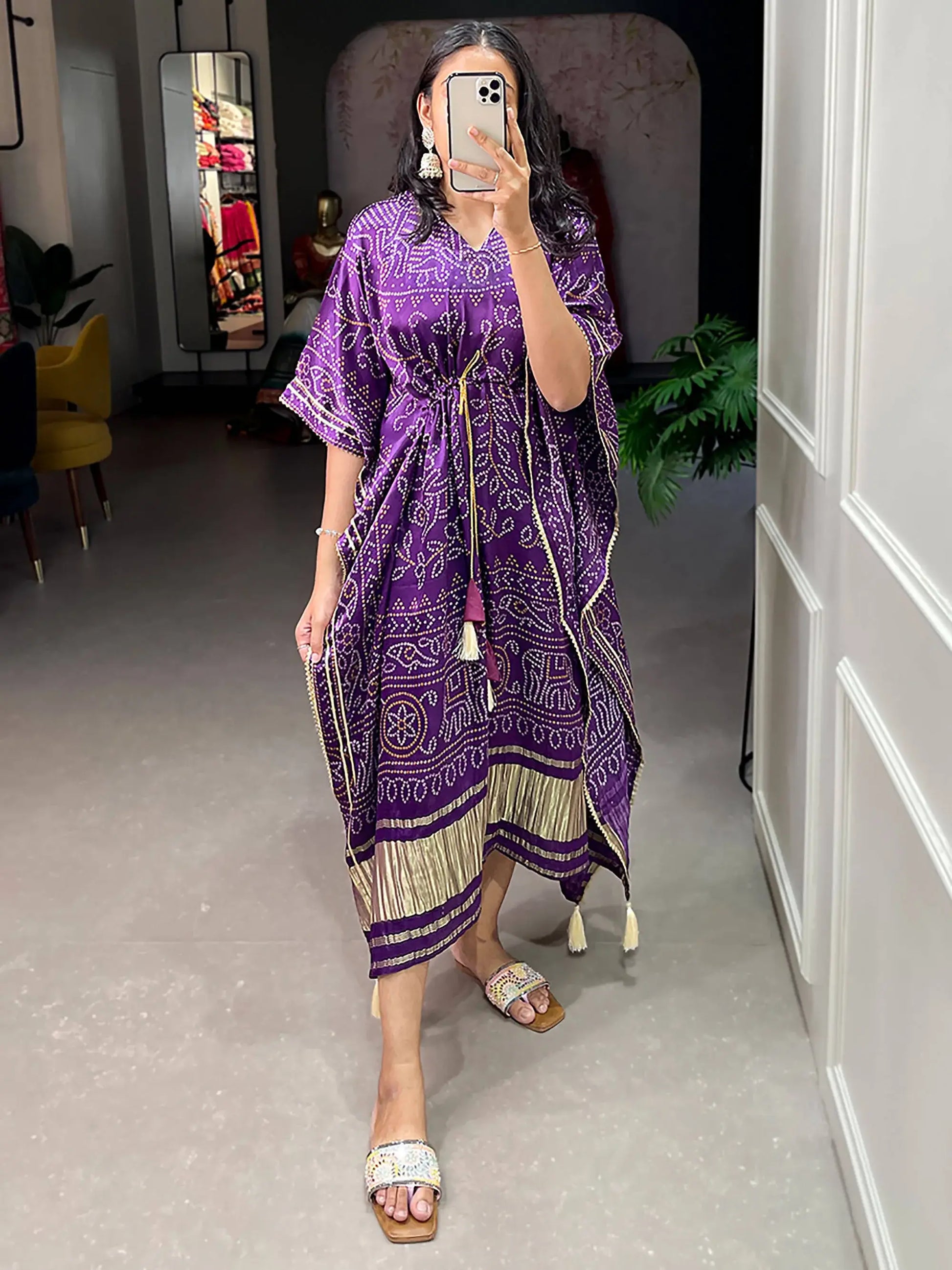 Beautiful Purple Bandhani Print Gaji Silk Festival Wear Kaftan - Zeel Clothing