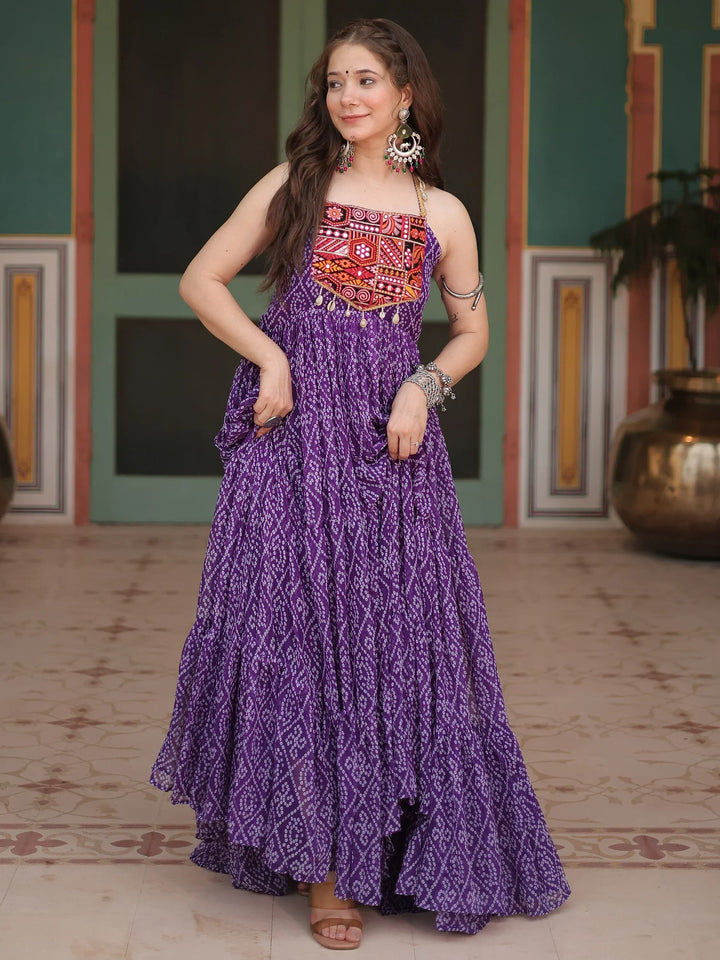 Beautiful Purple Bandhani Printed Georgette Navrati Wear Gown - Zeel Clothing
