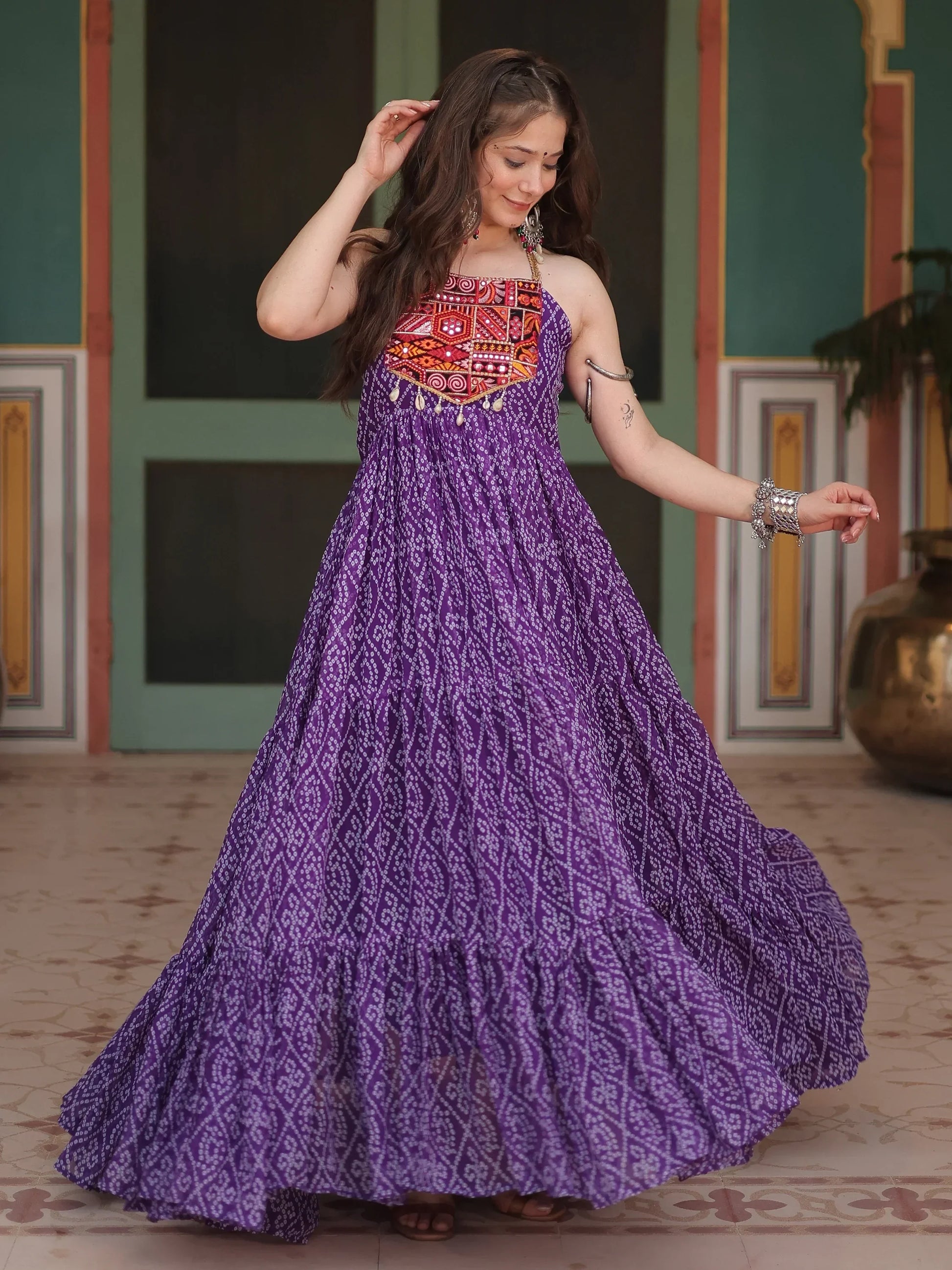 Beautiful Purple Bandhani Printed Georgette Navrati Wear Gown - Zeel Clothing