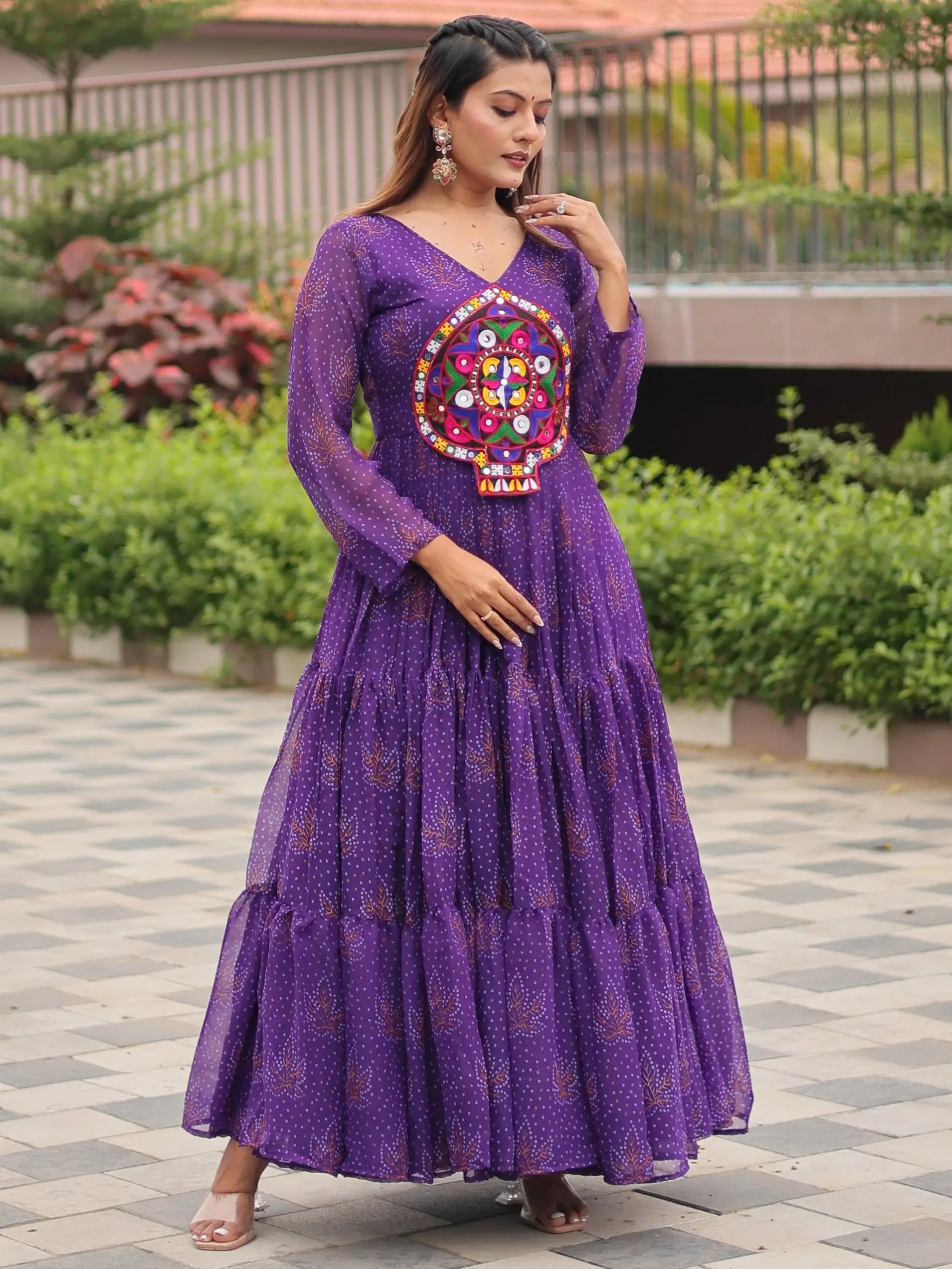 Beautiful Purple Bandhani Printed Georgette Navratri Special Gown - Zeel Clothing