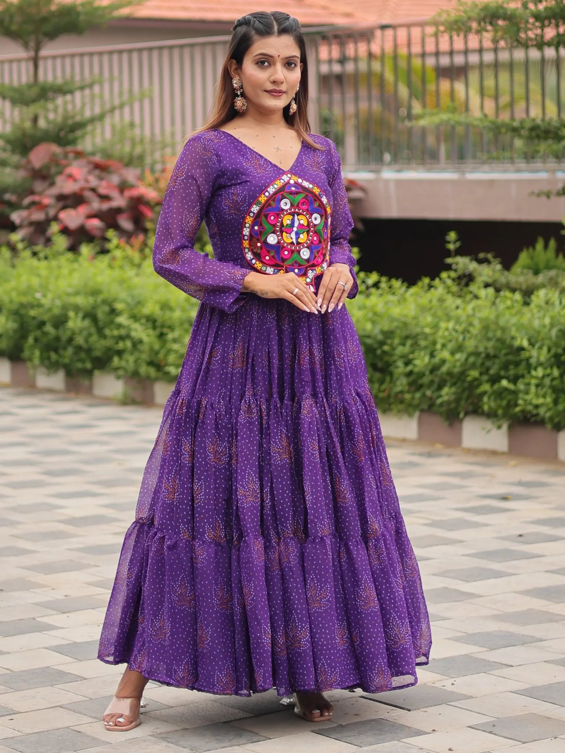 Beautiful Purple Bandhani Printed Georgette Navratri Special Gown - Zeel Clothing