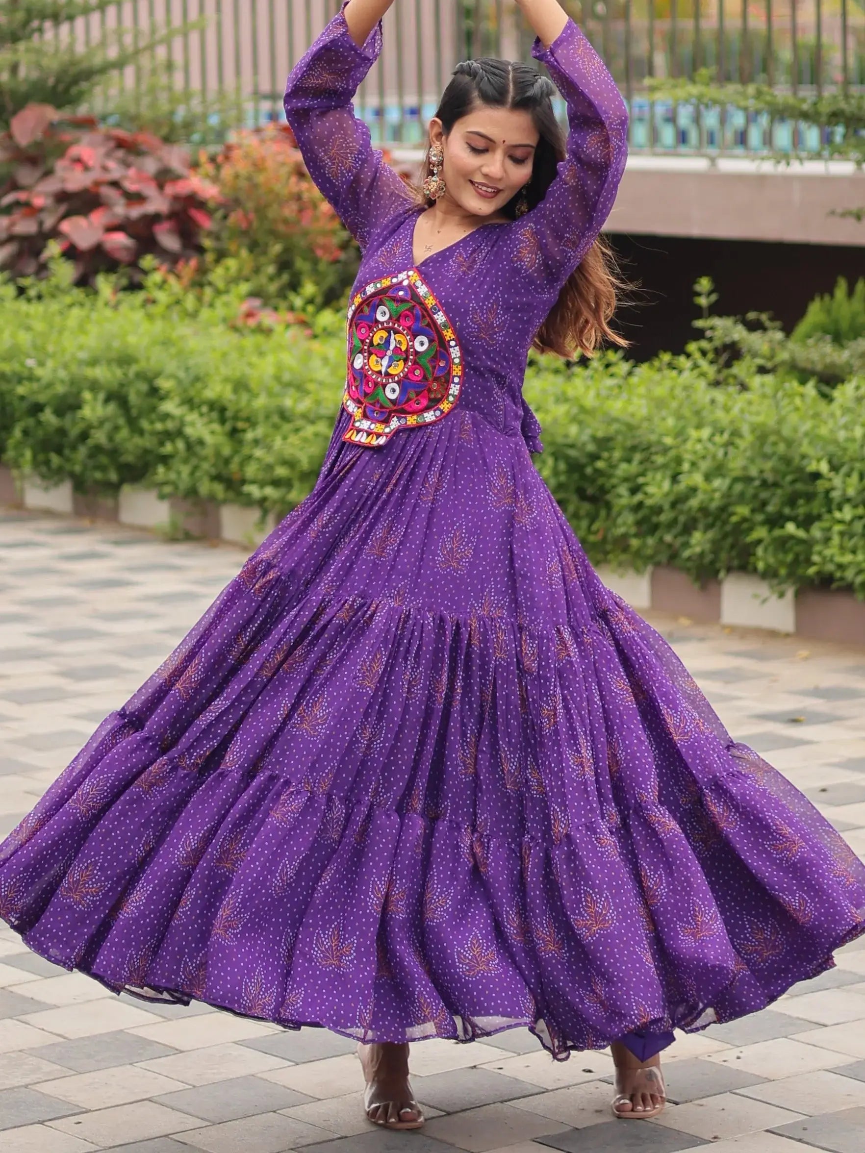 Beautiful Purple Bandhani Printed Georgette Navratri Special Gown - Zeel Clothing