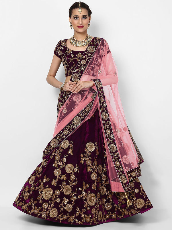 Beautiful Purple Colored Party Wear Designer Embroidered Velvet Lehenga Choli