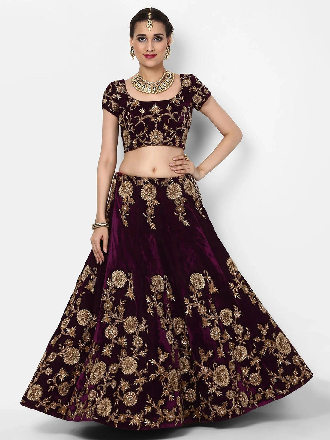 Beautiful Purple Colored Party Wear Designer Embroidered Velvet Lehenga Choli