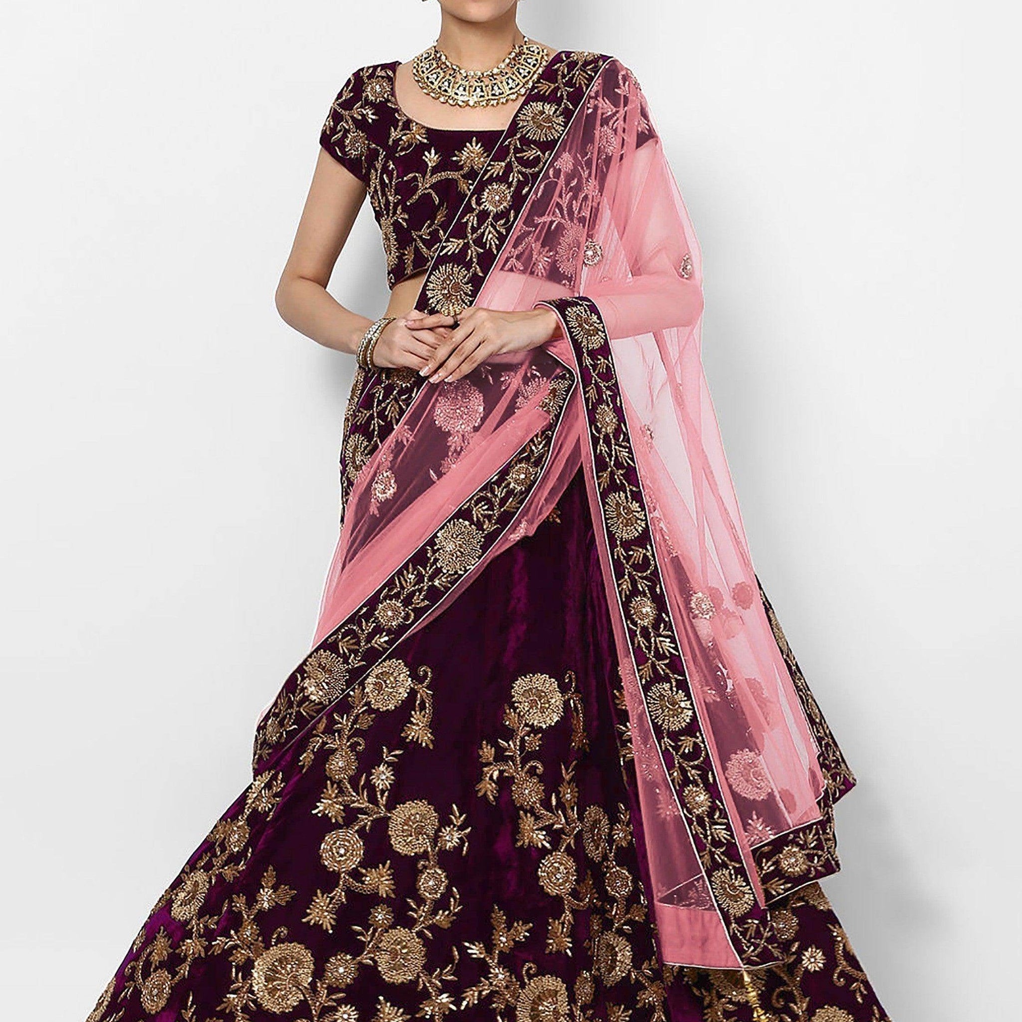 Beautiful Purple Colored Party Wear Designer Embroidered Velvet Lehenga Choli - Zeel Clothing