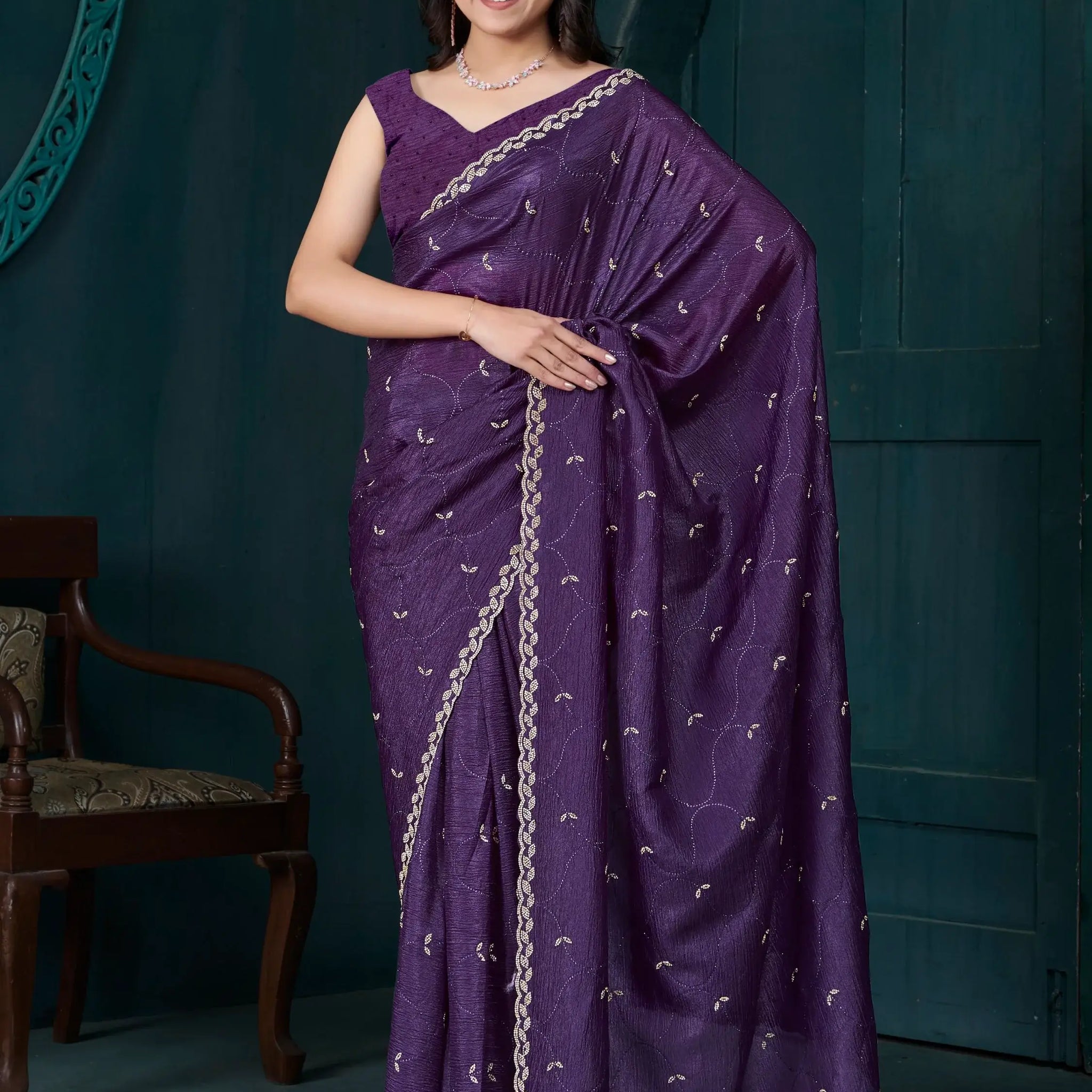 Beautiful Purple Diamond Work Crepe Silk Event Wear Saree With Blouse - Zeel Clothing