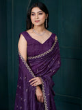 Beautiful Purple Diamond Work Crepe Silk Event Wear Saree With Blouse - Zeel Clothing
