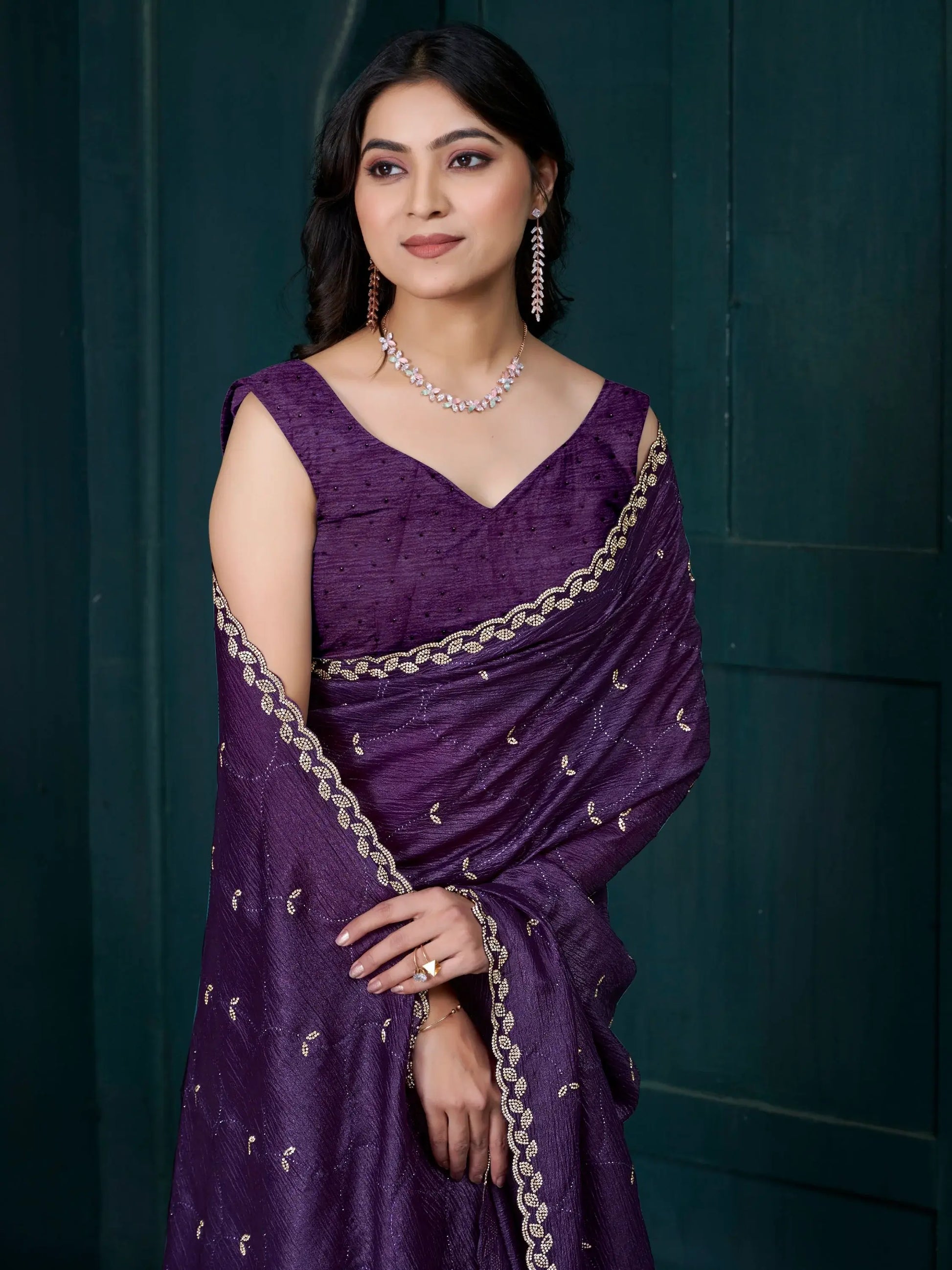 Beautiful Purple Diamond Work Crepe Silk Event Wear Saree With Blouse - Zeel Clothing
