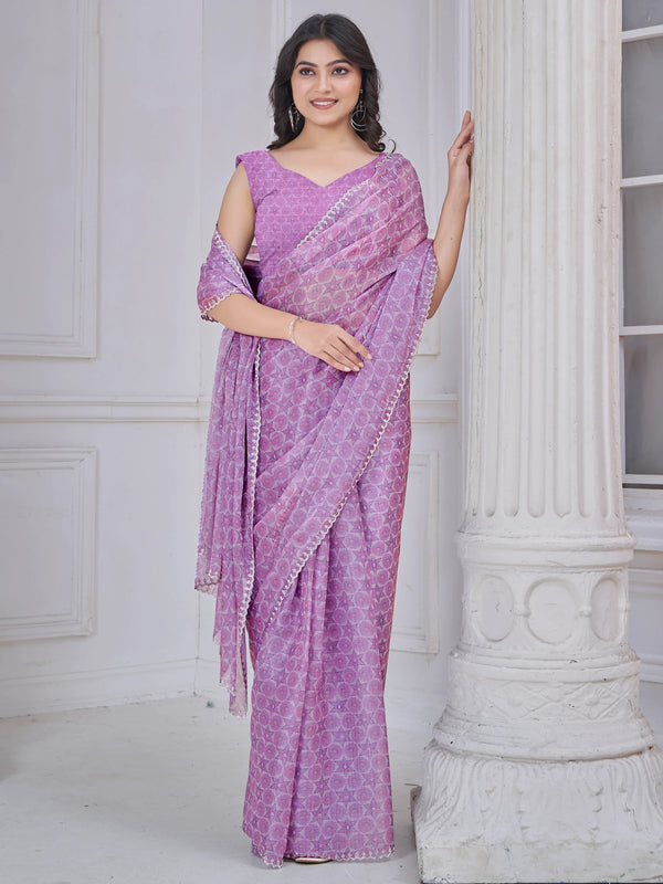 Beautiful Purple Digital Printed Organza Silk Casual Wear Saree With Blouse - Zeel Clothing