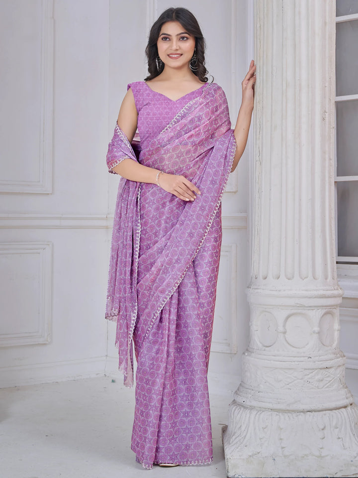 Beautiful Purple Digital Printed Organza Silk Casual Wear Saree With Blouse - Zeel Clothing