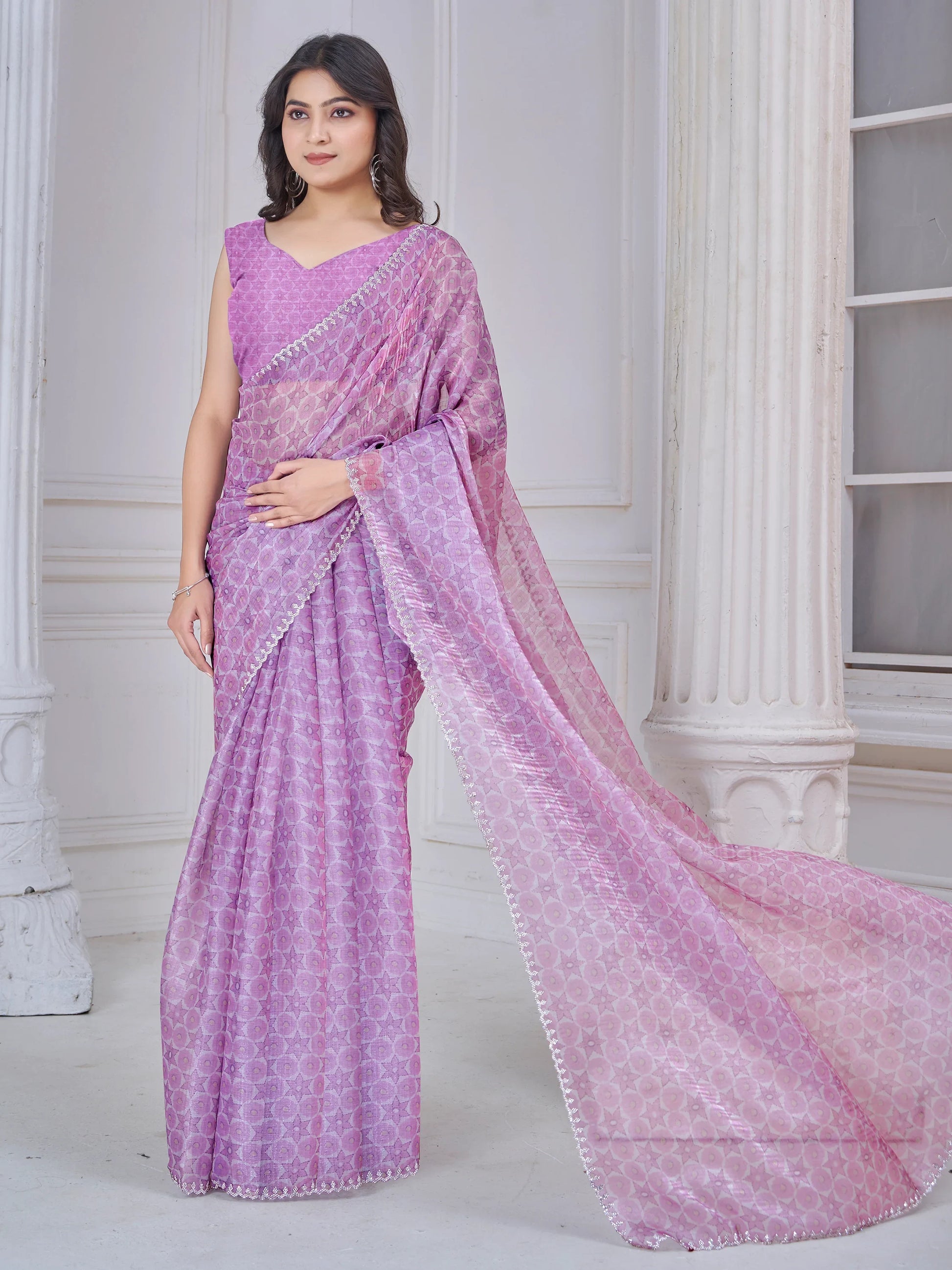 Beautiful Purple Digital Printed Organza Silk Casual Wear Saree With Blouse - Zeel Clothing