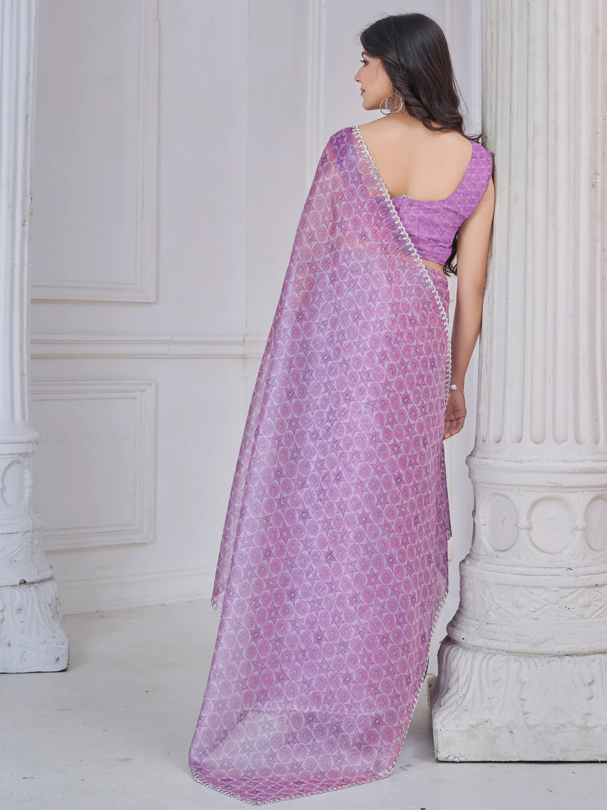 Beautiful Purple Digital Printed Organza Silk Casual Wear Saree With Blouse - Zeel Clothing