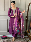 Beautiful Purple Embroidered Chanderi Silk Festival Wear Pant Suit - Zeel Clothing