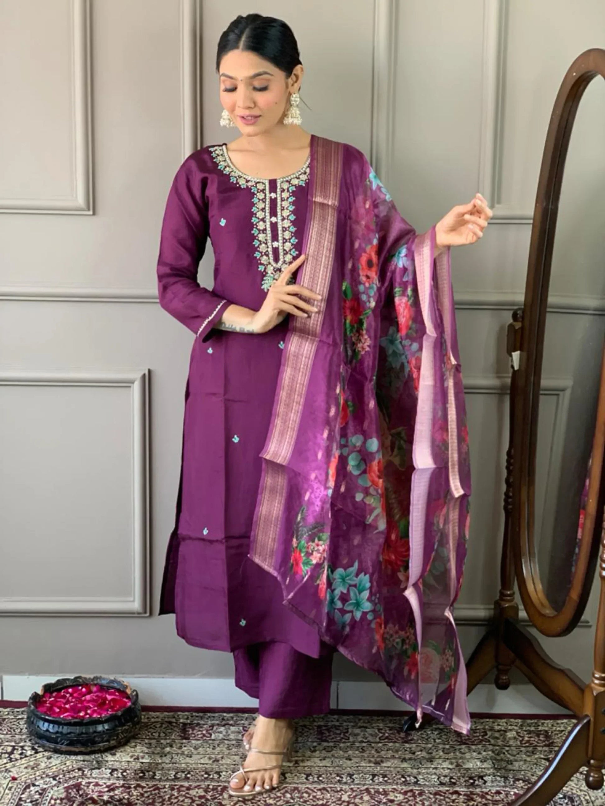 Beautiful Purple Embroidered Chanderi Silk Festival Wear Pant Suit - Zeel Clothing