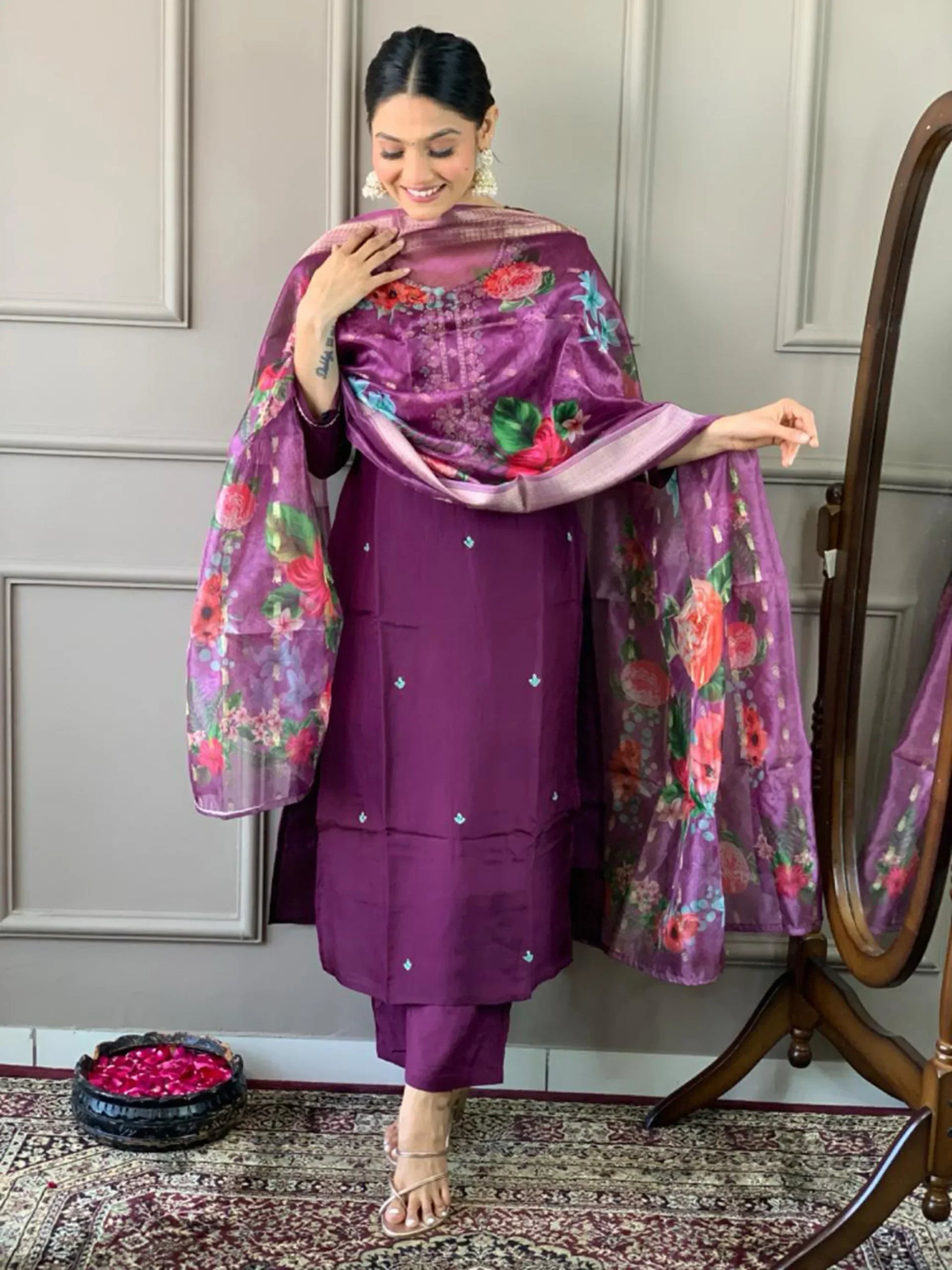Beautiful Purple Embroidered Chanderi Silk Festival Wear Pant Suit - Zeel Clothing