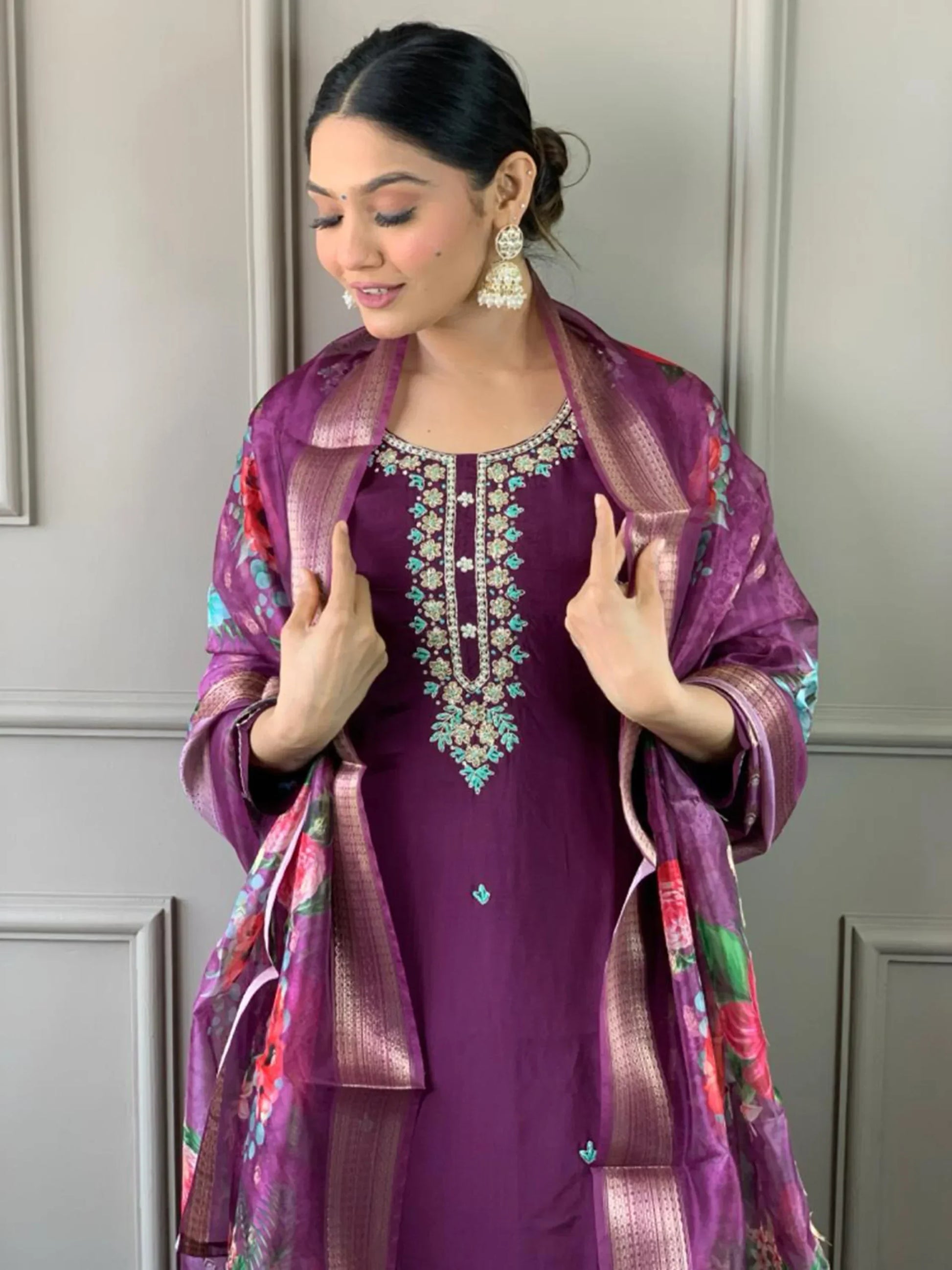 Beautiful Purple Embroidered Chanderi Silk Festival Wear Pant Suit - Zeel Clothing