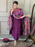 Beautiful Purple Embroidered Chanderi Silk Festival Wear Pant Suit - Zeel Clothing