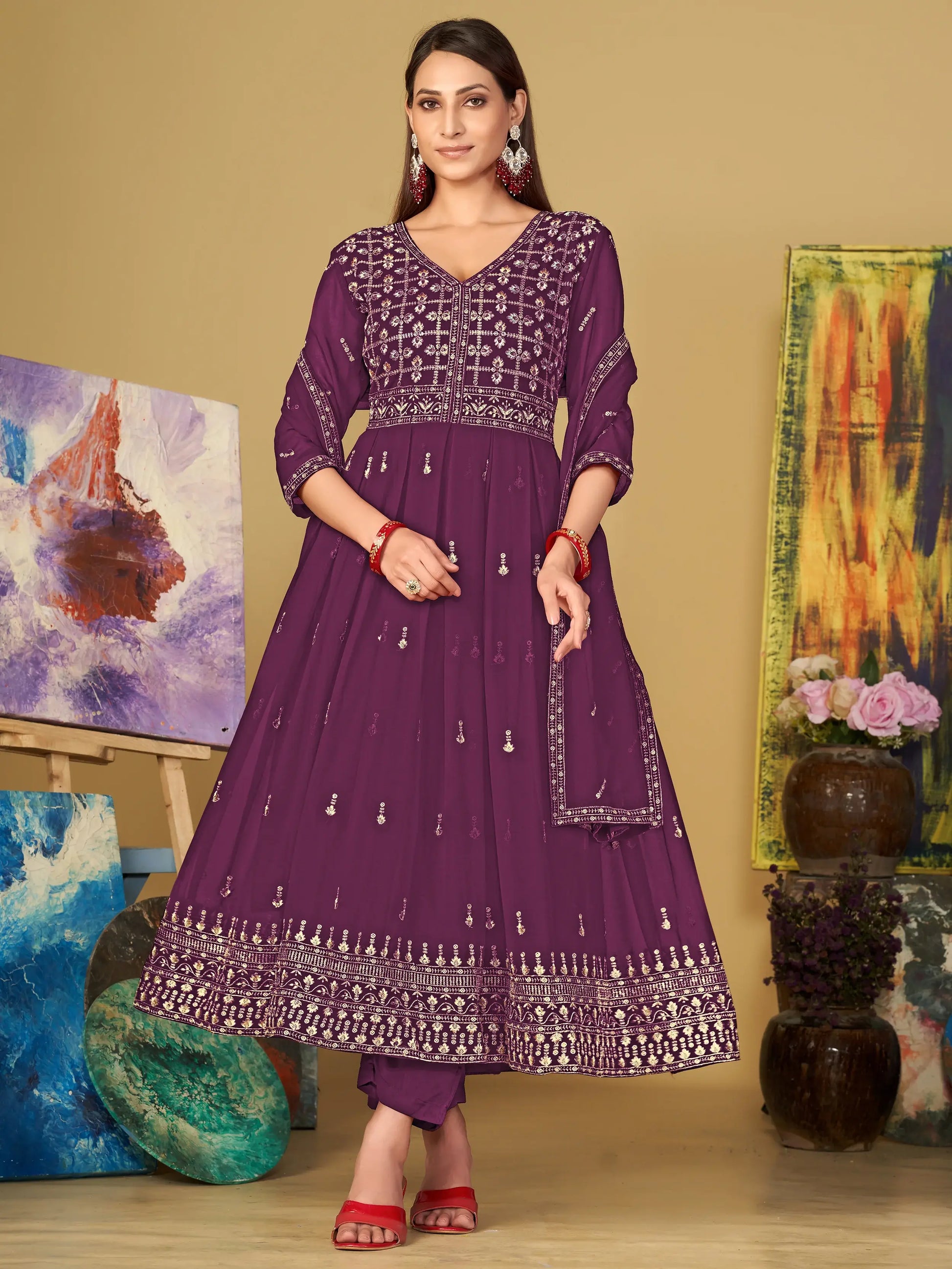 Beautiful Purple Embroidered Georgette Anarkali Suit With Dupatta - Zeel Clothing