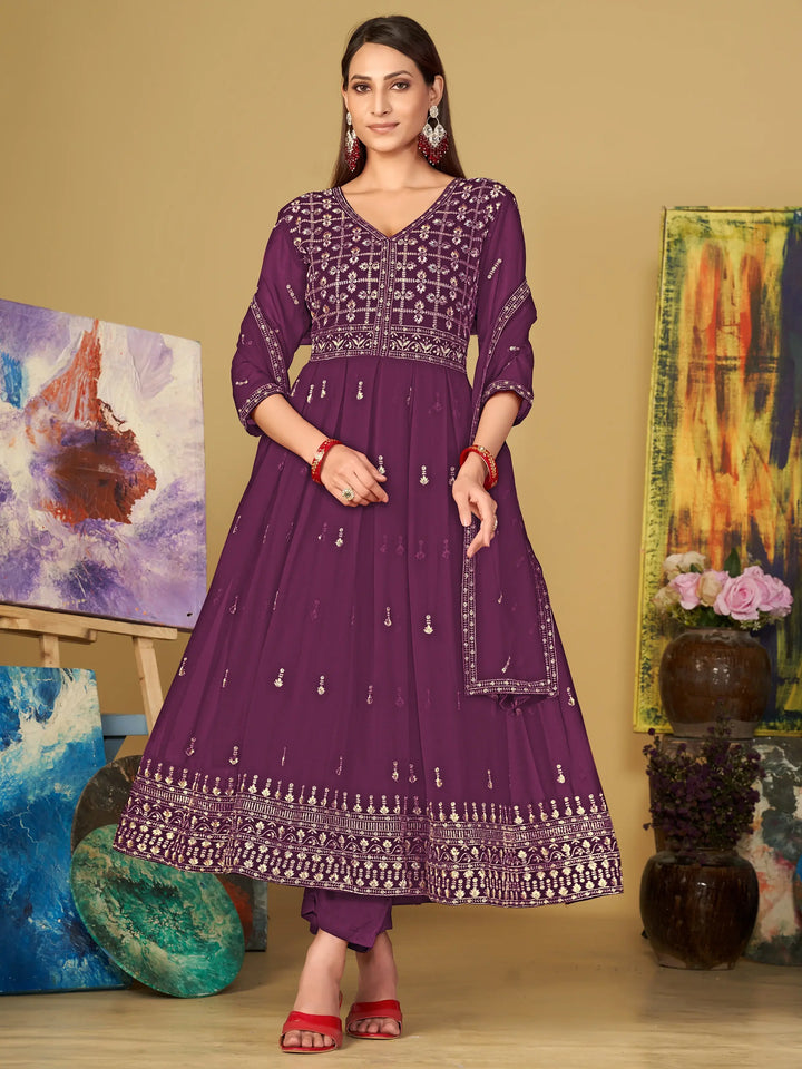 Beautiful Purple Embroidered Georgette Anarkali Suit With Dupatta - Zeel Clothing