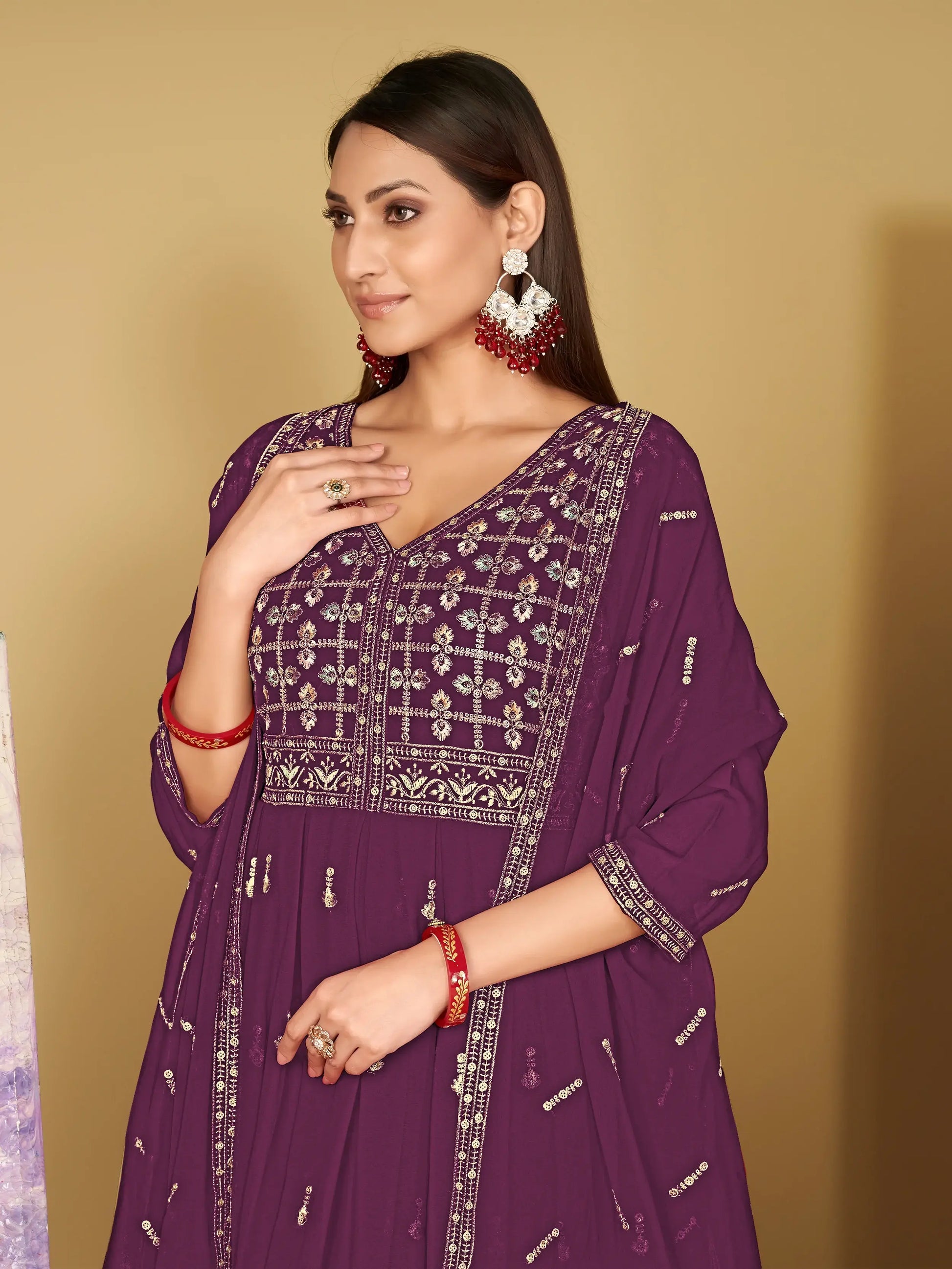 Beautiful Purple Embroidered Georgette Anarkali Suit With Dupatta - Zeel Clothing