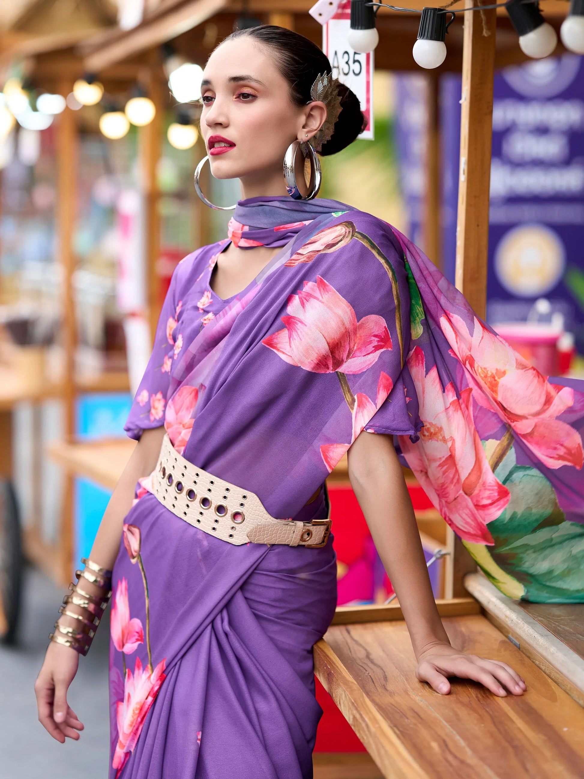 Beautiful Purple Floral Printed Georgette Festival Wear Saree With Blouse - Zeel Clothing
