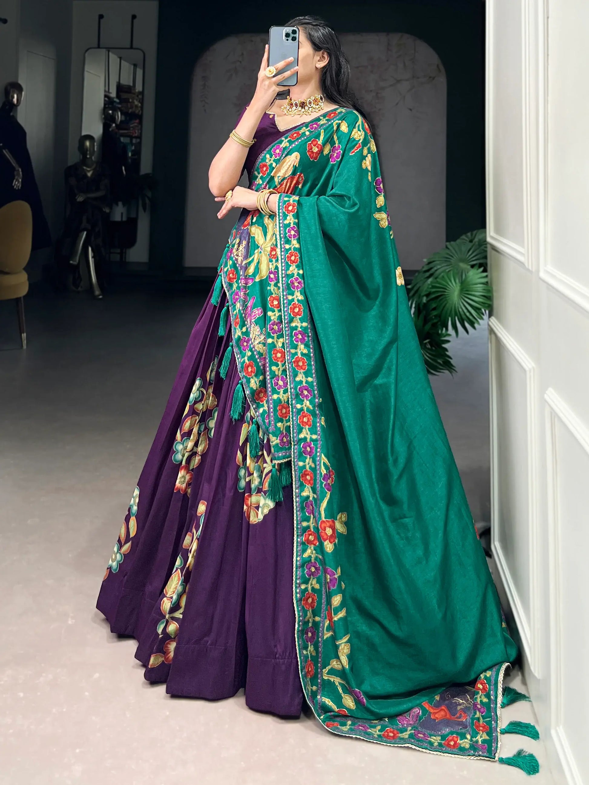 Beautiful Purple Foil Printed Tussar Silk Traditional Lehenga Choli - Zeel Clothing