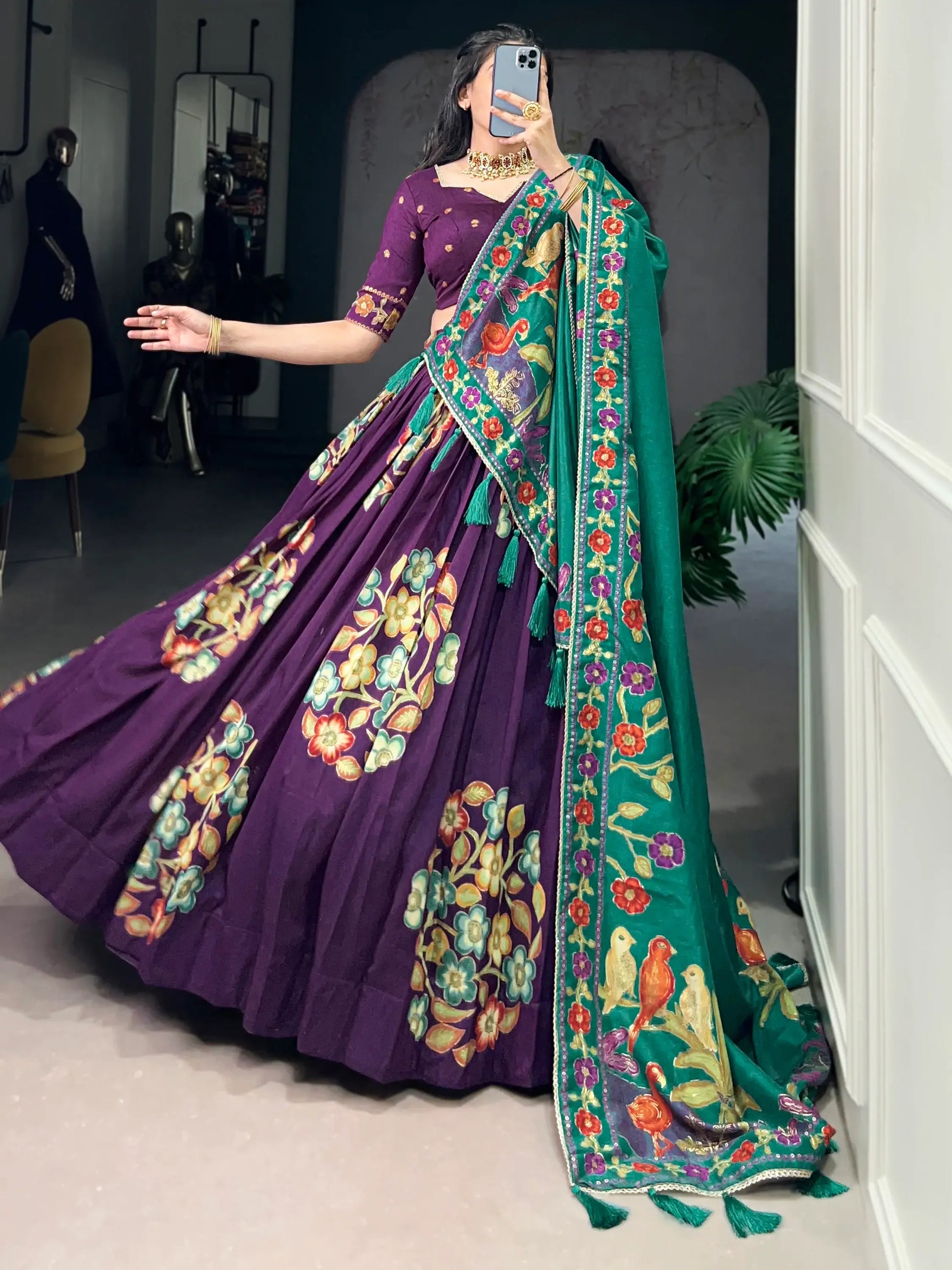 Beautiful Purple Foil Printed Tussar Silk Traditional Lehenga Choli - Zeel Clothing