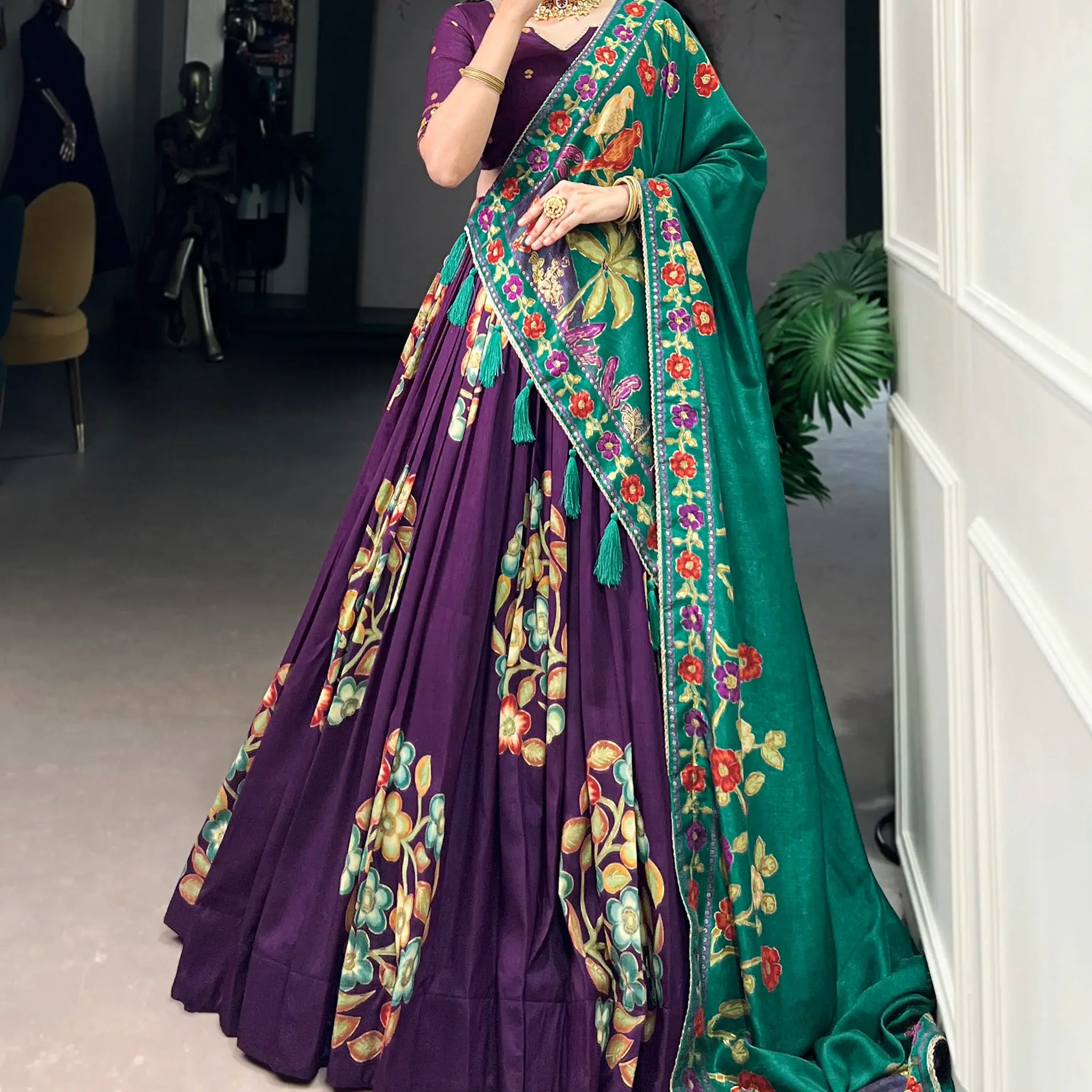 Beautiful Purple Foil Printed Tussar Silk Traditional Lehenga Choli - Zeel Clothing