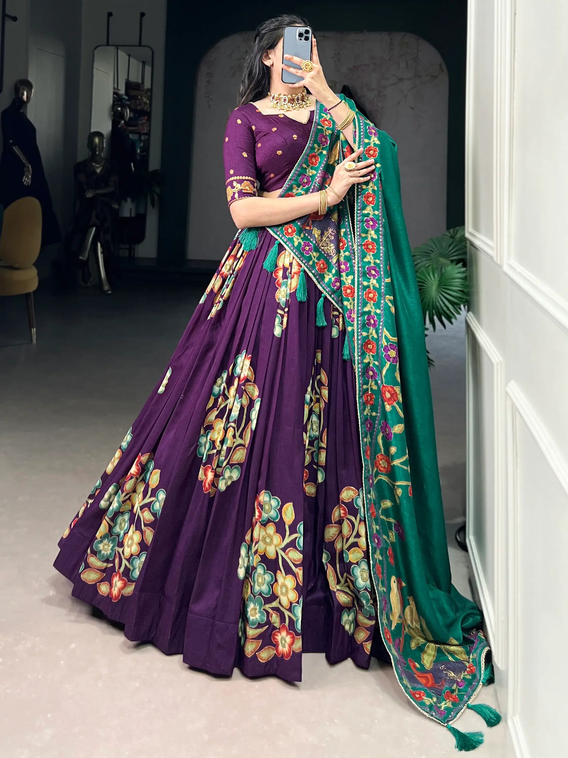 Beautiful Purple Foil Printed Tussar Silk Traditional Lehenga Choli - Zeel Clothing