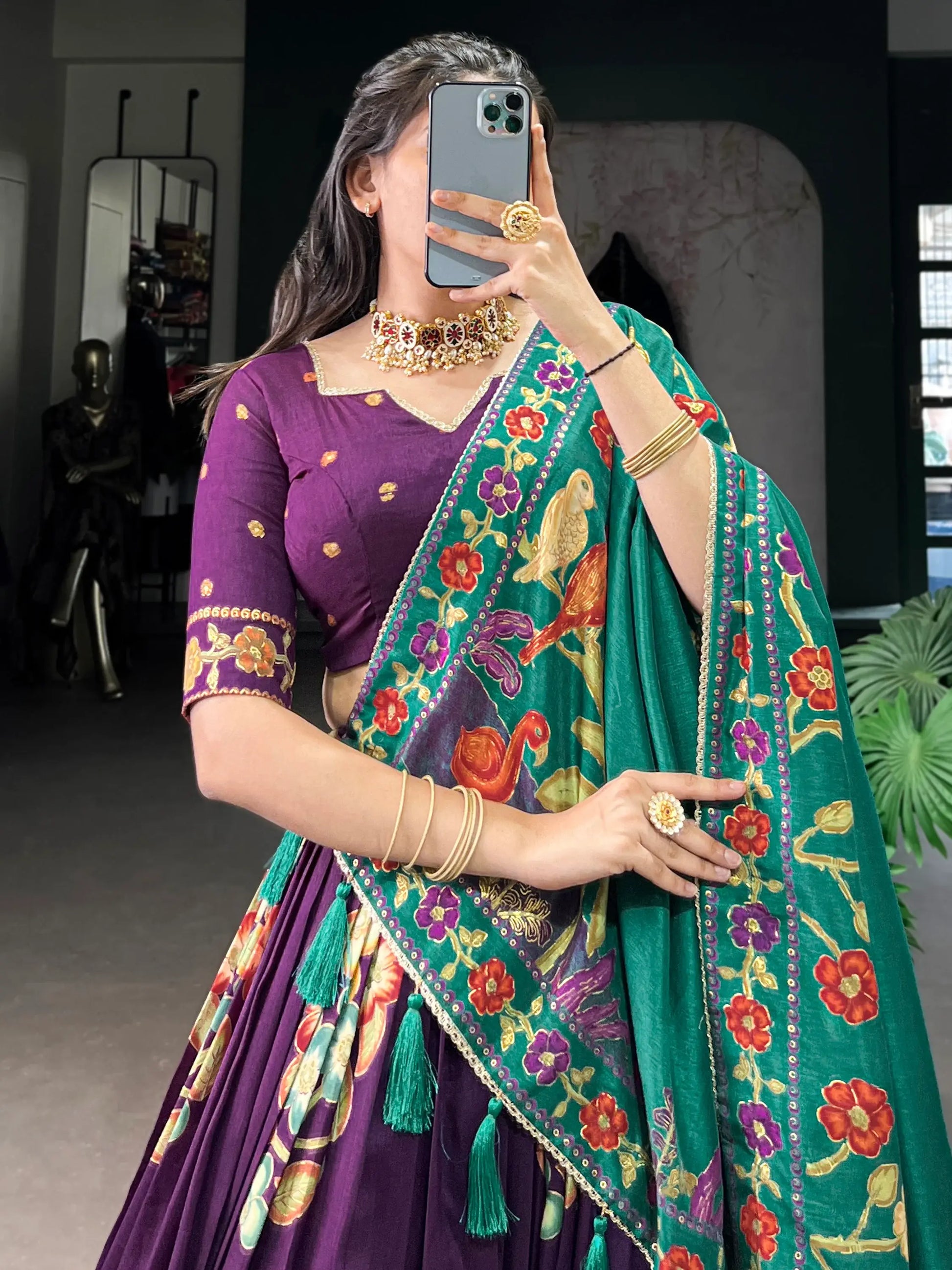 Beautiful Purple Foil Printed Tussar Silk Traditional Lehenga Choli - Zeel Clothing