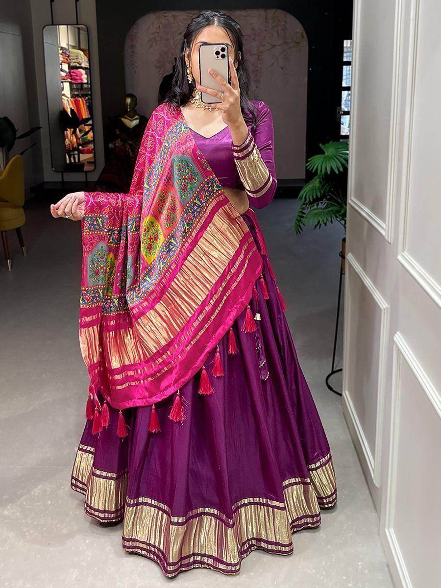 Beautiful Purple Gaji Silk Trendy Lehenga Choli With Bandhani Dupatta - Zeel Clothing