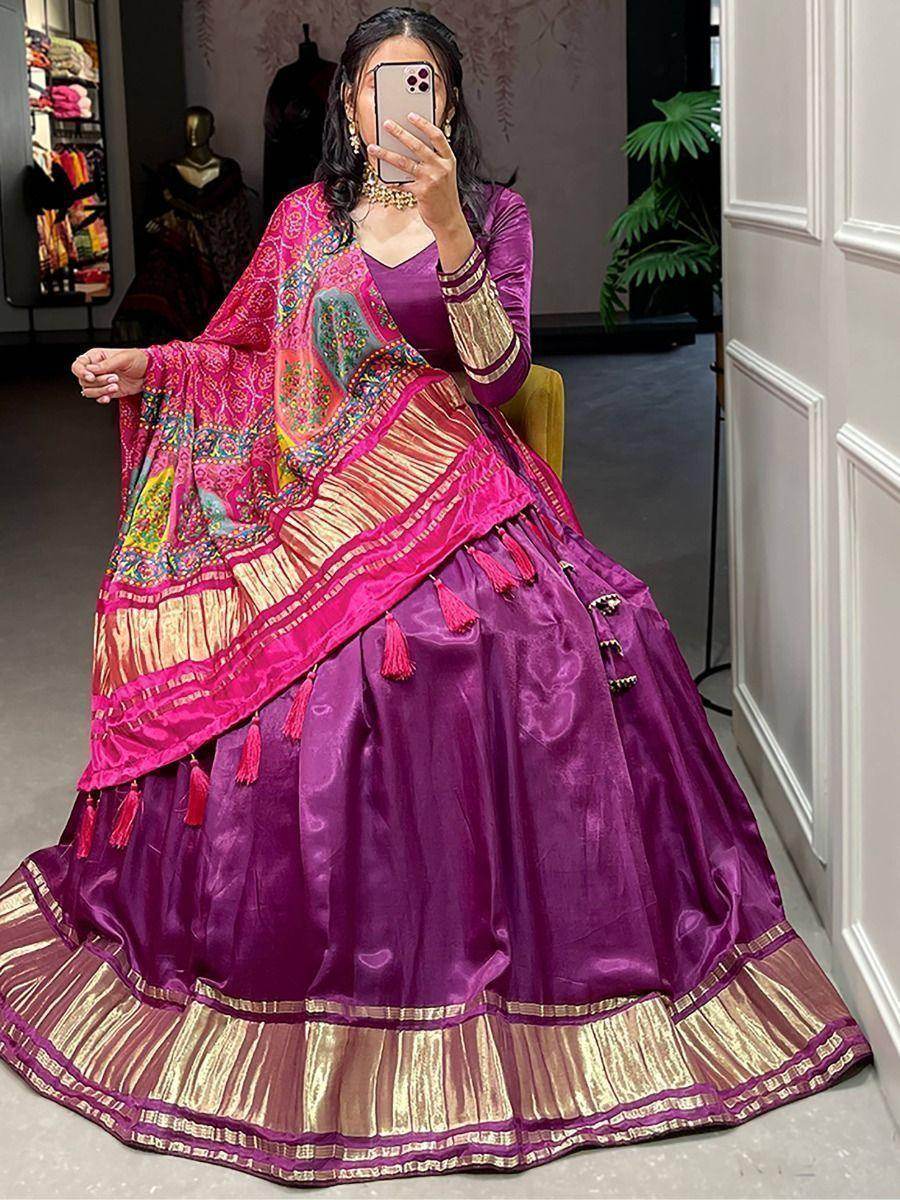 Beautiful Purple Gaji Silk Trendy Lehenga Choli With Bandhani Dupatta - Zeel Clothing