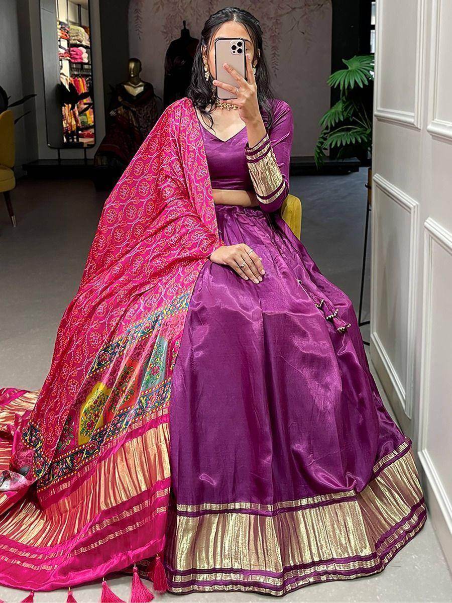 Beautiful Purple Gaji Silk Trendy Lehenga Choli With Bandhani Dupatta - Zeel Clothing