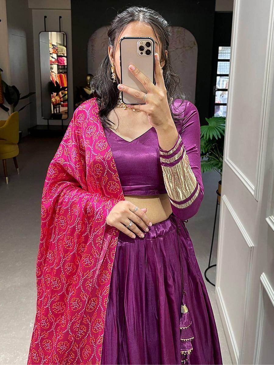 Beautiful Purple Gaji Silk Trendy Lehenga Choli With Bandhani Dupatta - Zeel Clothing