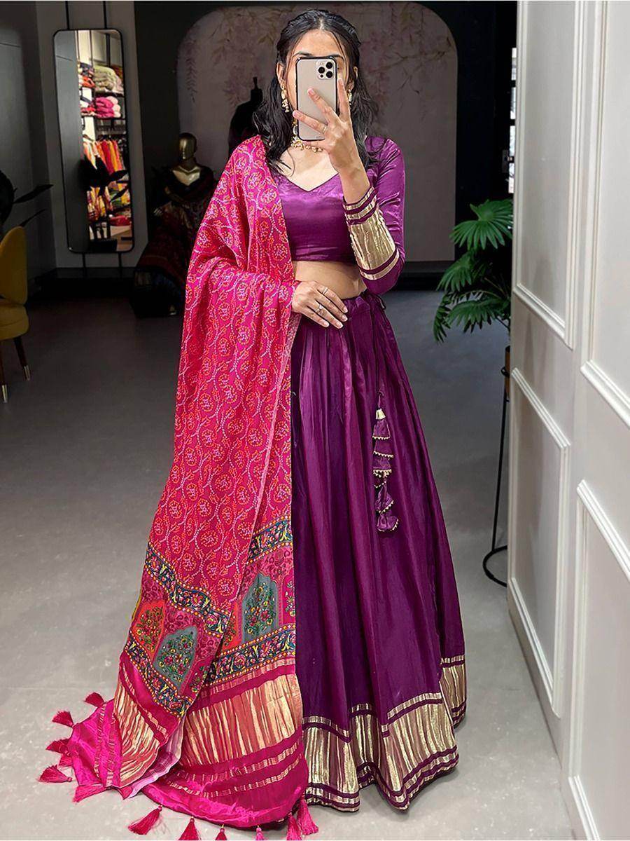 Beautiful Purple Gaji Silk Trendy Lehenga Choli With Bandhani Dupatta - Zeel Clothing