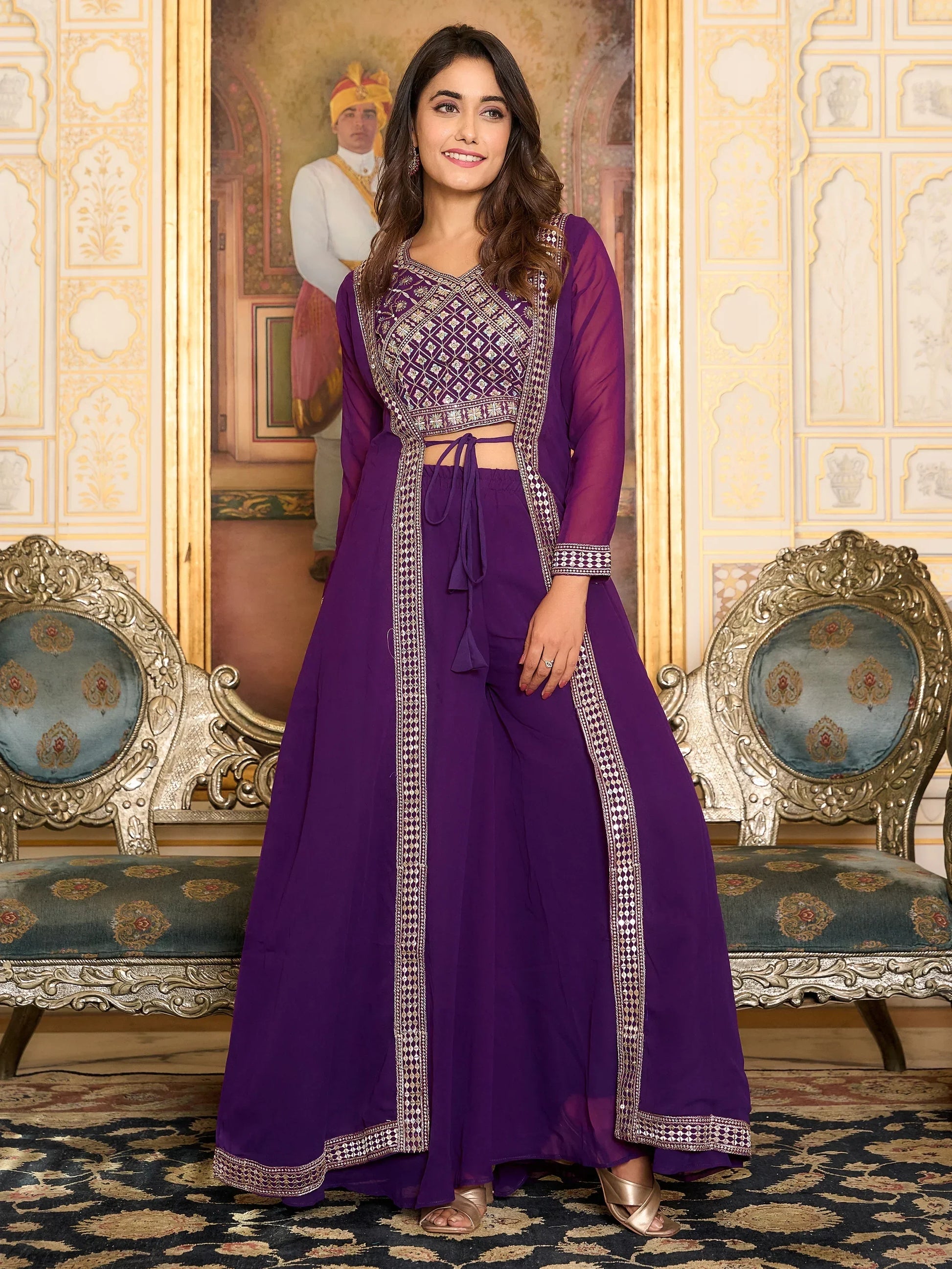 Beautiful Purple Georgette Festival Wear Palazzo Top With Shrug - Zeel Clothing