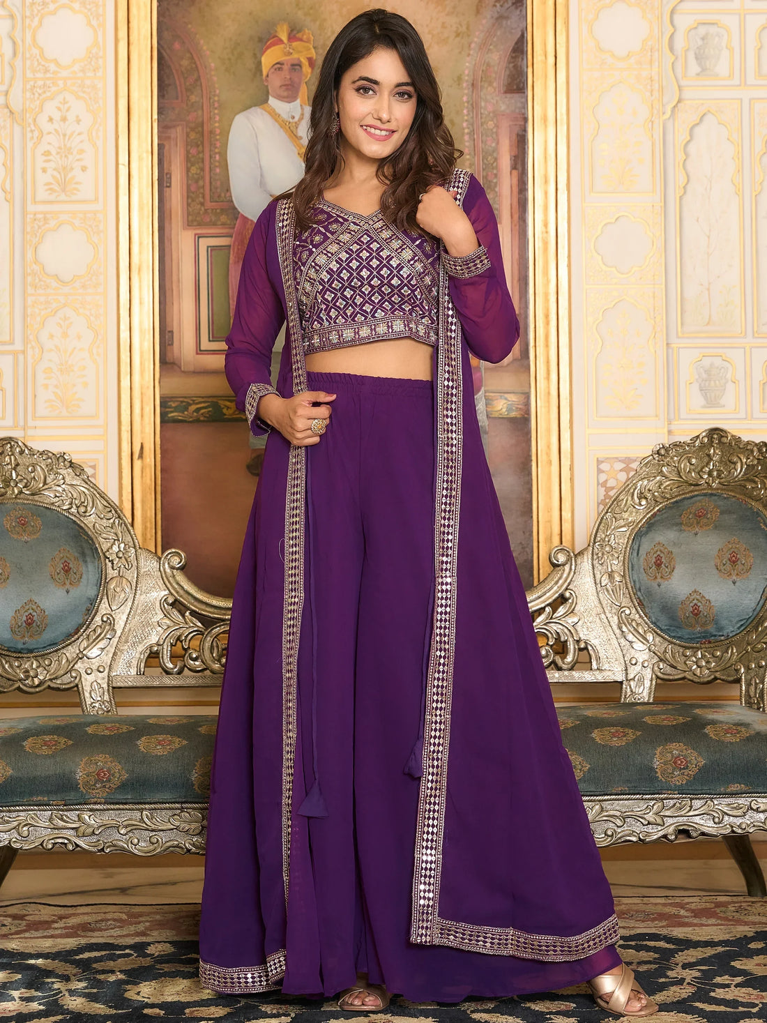 Beautiful Purple Georgette Festival Wear Palazzo Top With Shrug - Zeel Clothing