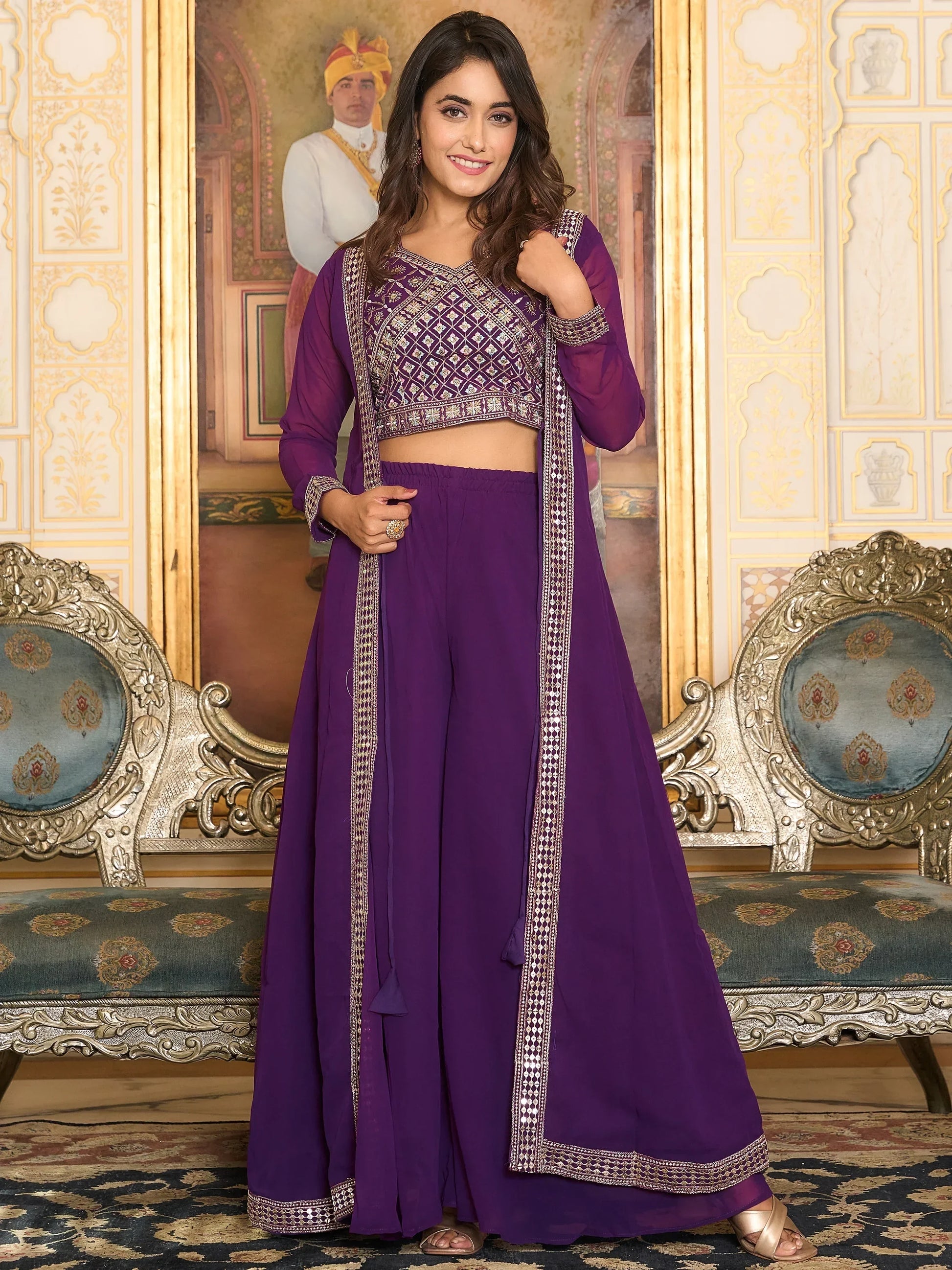 Beautiful Purple Georgette Festival Wear Palazzo Top With Shrug - Zeel Clothing